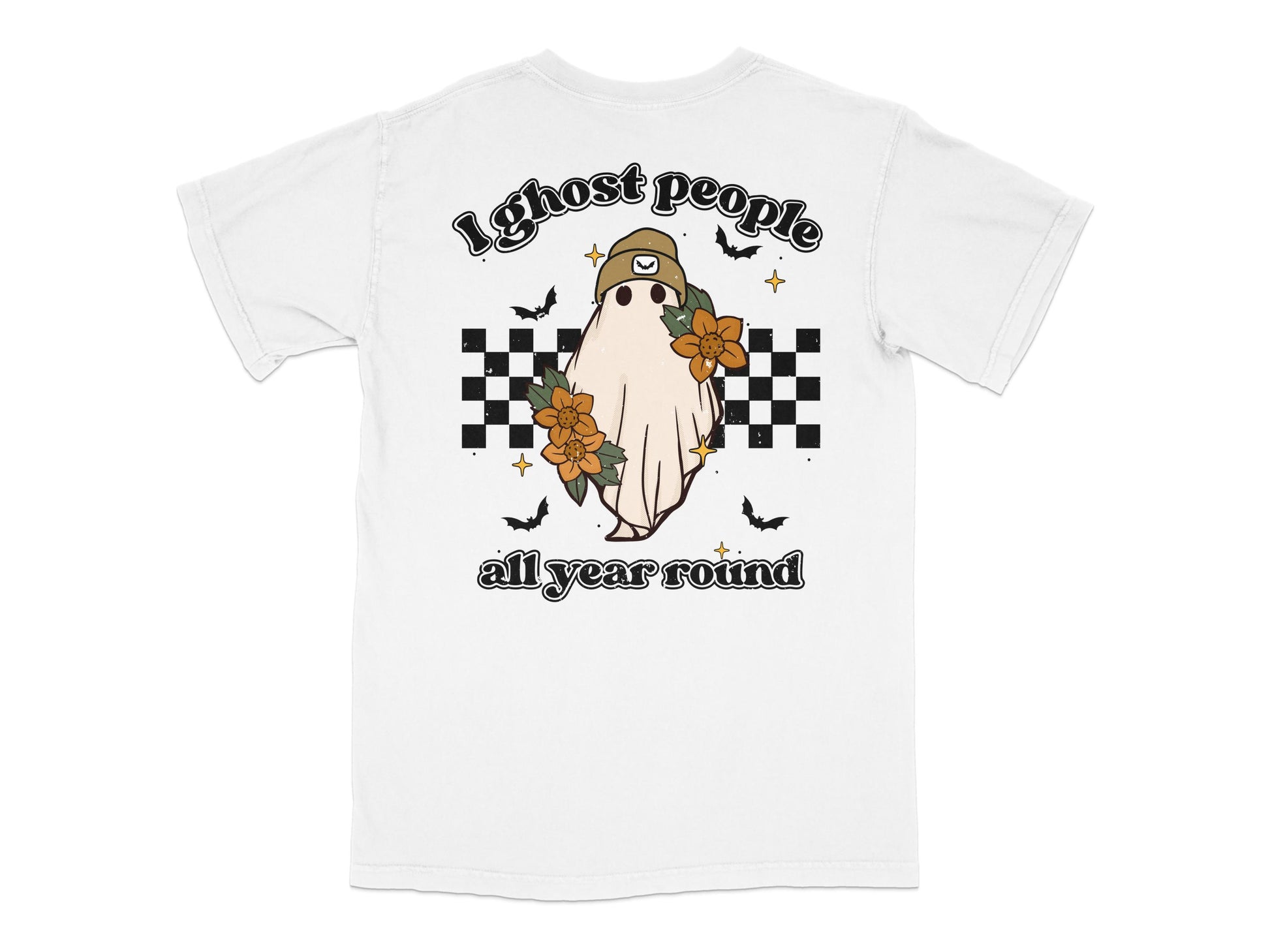 Ghost People All Year Round T-Shirt, Vintage Halloween Graphic Tee, Retro Checkerboard Design, Unisex White Shirt