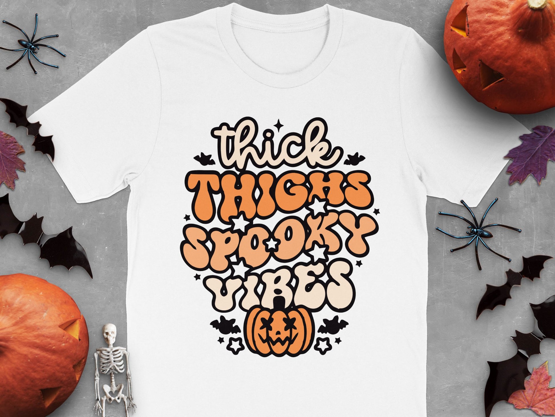 Halloween T-Shirt Thick Thighs Spooky Vibes Pumpkin Graphic Tee, Funny Fall Season Shirt for Women and Men