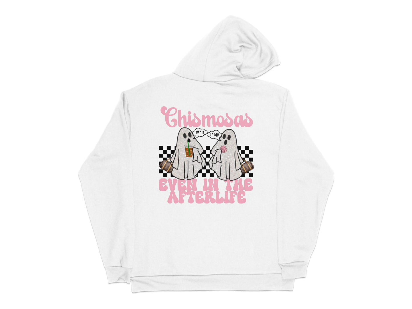 Christmas Even in the Afterlife Hoodie, Ghosts with Coffee, Checkerboard Pattern, Unisex Sweatshirt