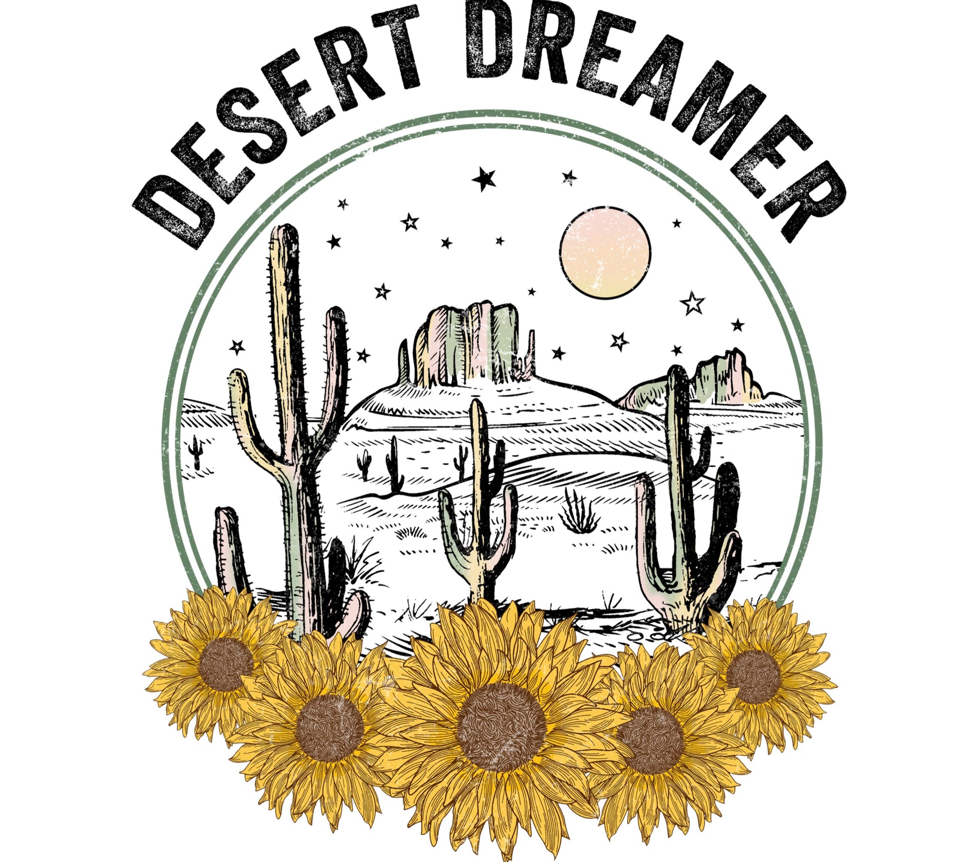 Desert Dreamer Sunflower Cactus Graphic T-Shirt Design Vintage Boho Style Illustration