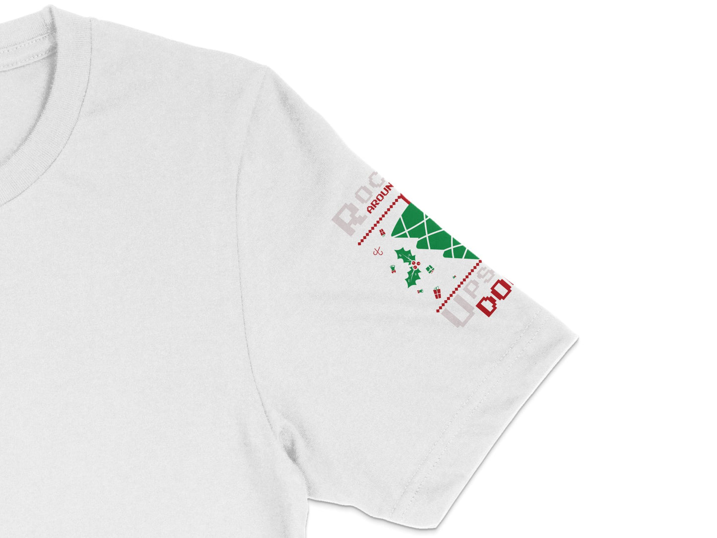 White Christmas T-Shirt with Green Pixel Tree Design, Festive Holiday Casual Wear for All Ages