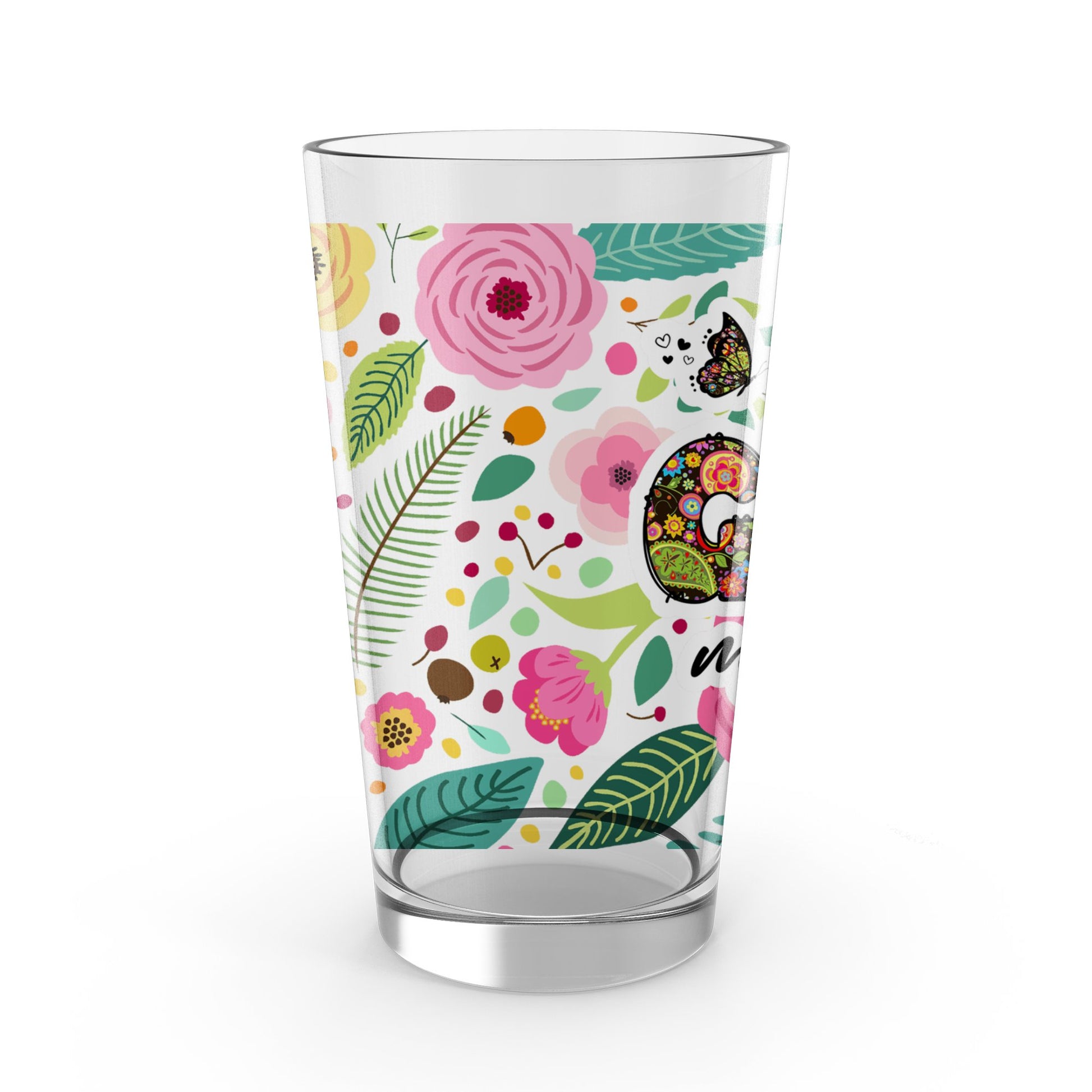 Floral and Butterfly Print Glass Tumbler, Colorful Kitchen Drinkware, Decorative Dining Accessory