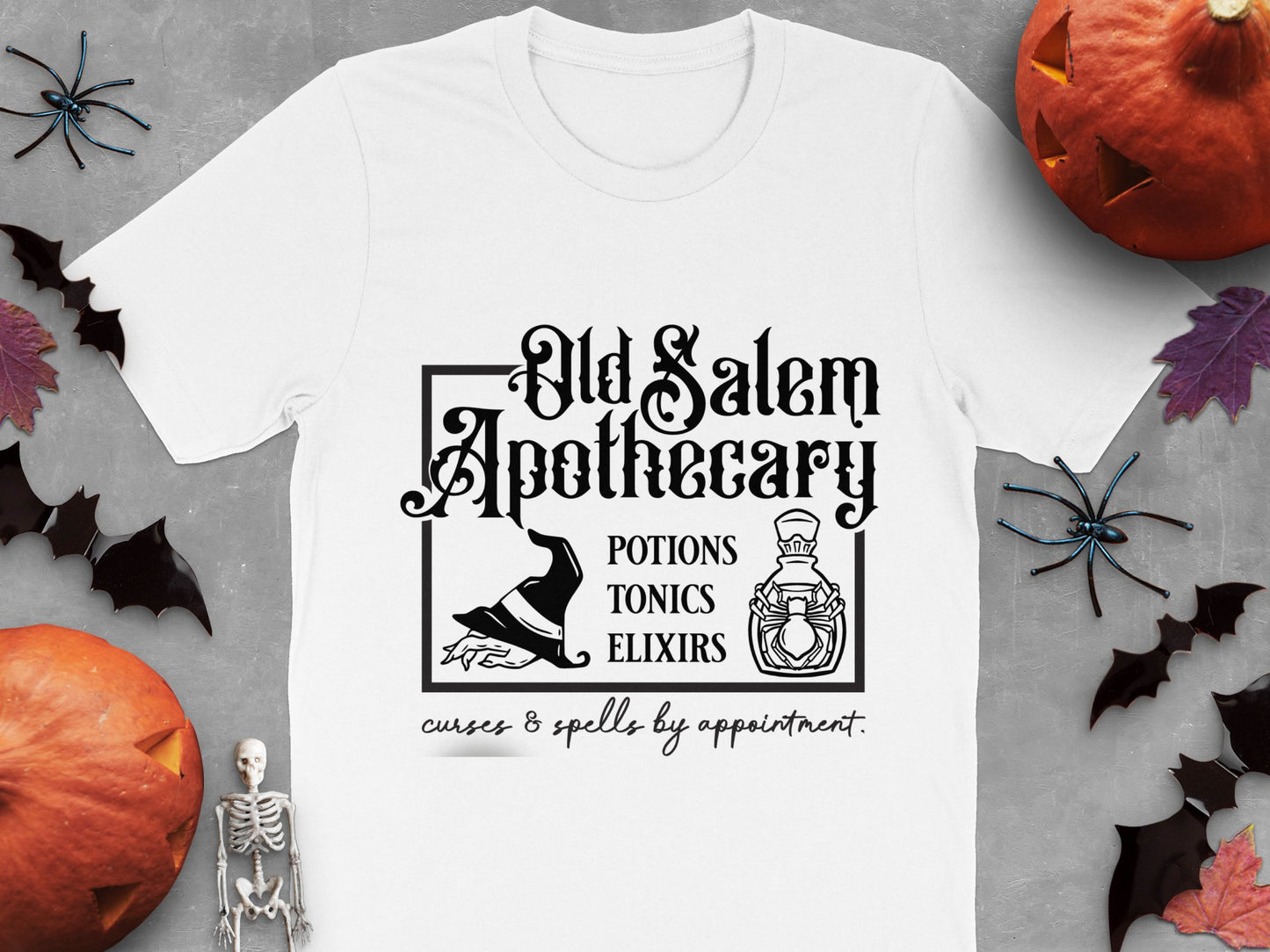 Old Salem Apothecary Halloween T-Shirt, Potions Tonics Elixirs Graphic Tee, Spooky Skeleton and Pumpkins Design Top for Fall Festivities