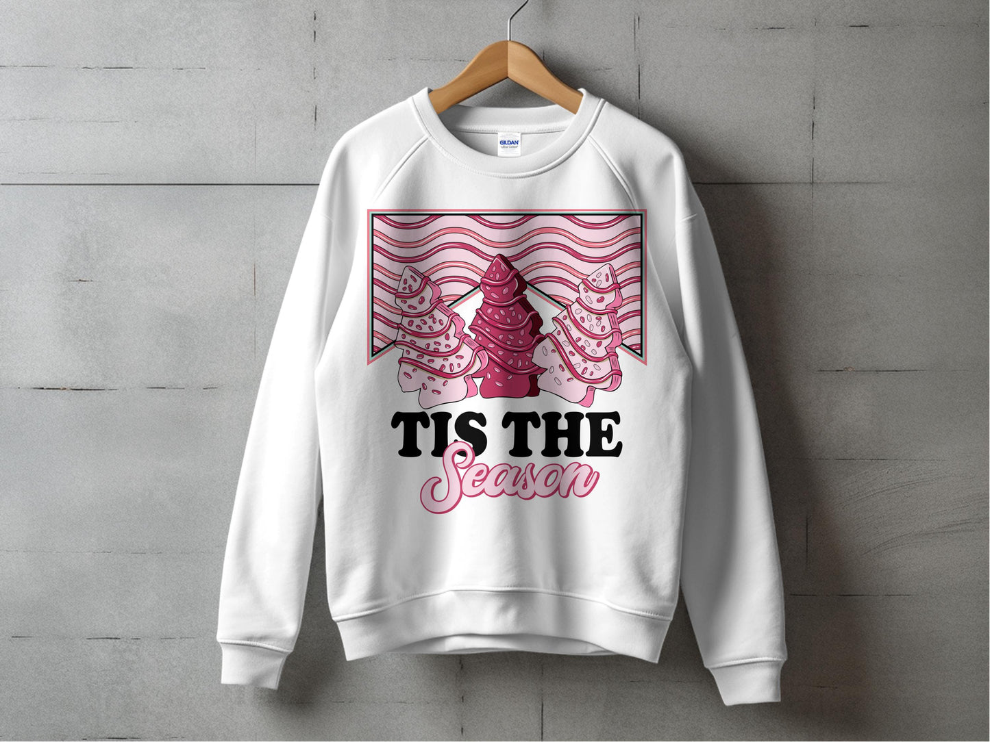 Festive Christmas Sweatshirt, Winter Holiday Sweater, Pink Trees Design, Tis The Season Text, Cozy Pullover, Casual Fashion
