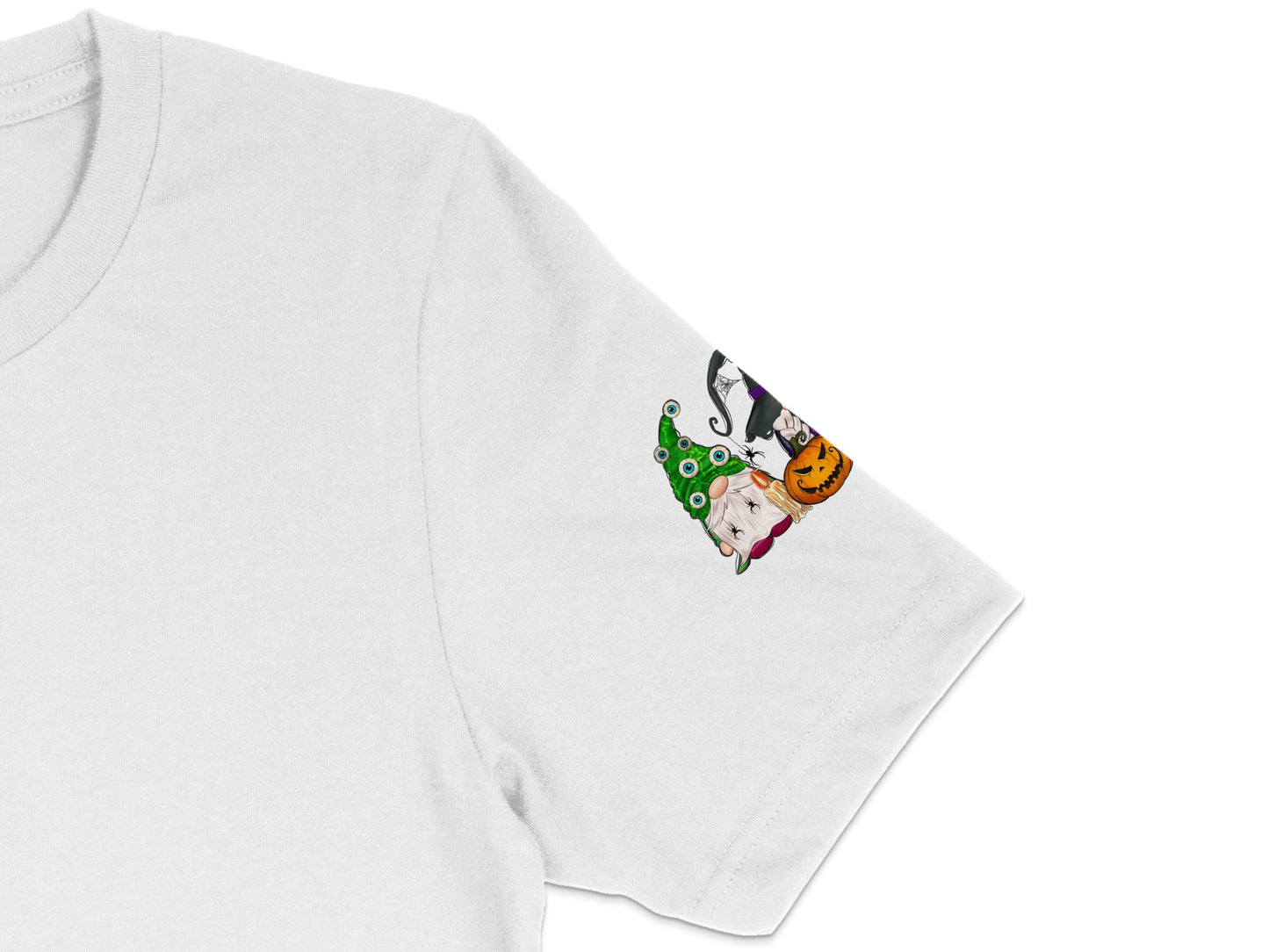 White T-Shirt with Halloween Cat Graphic, Cute Pumpkin and Witch Hat Design, Holiday Casual Wear