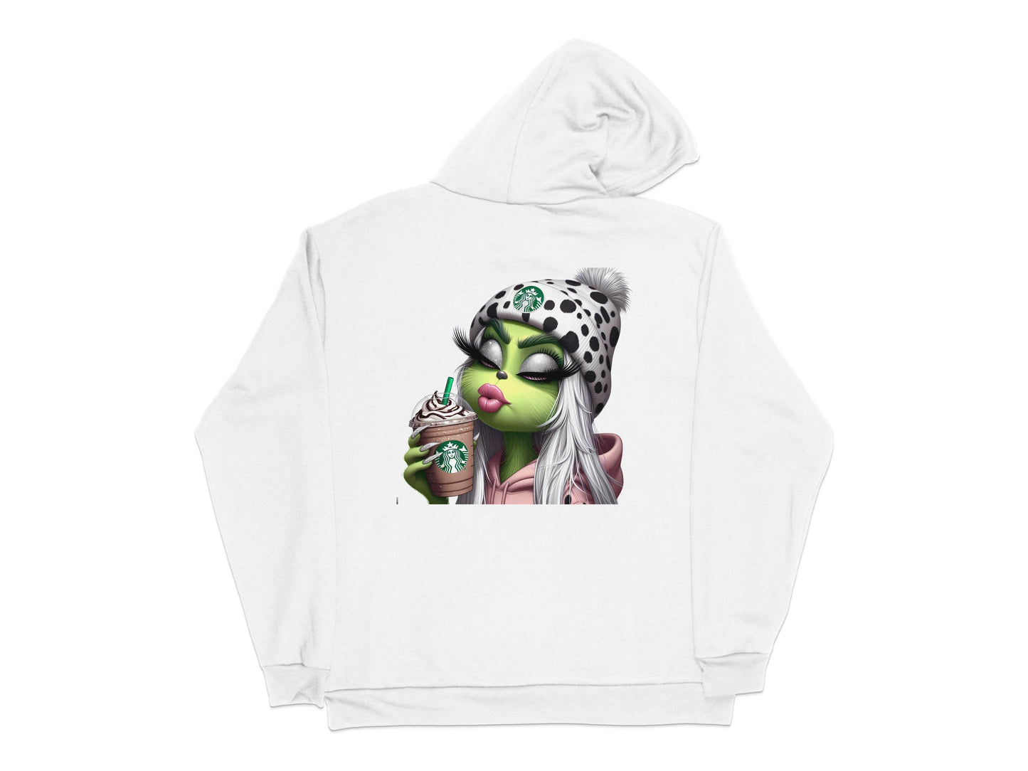 Stylish White Hoodie with Funky Illustrated Female Character Drinking Coffee Design
