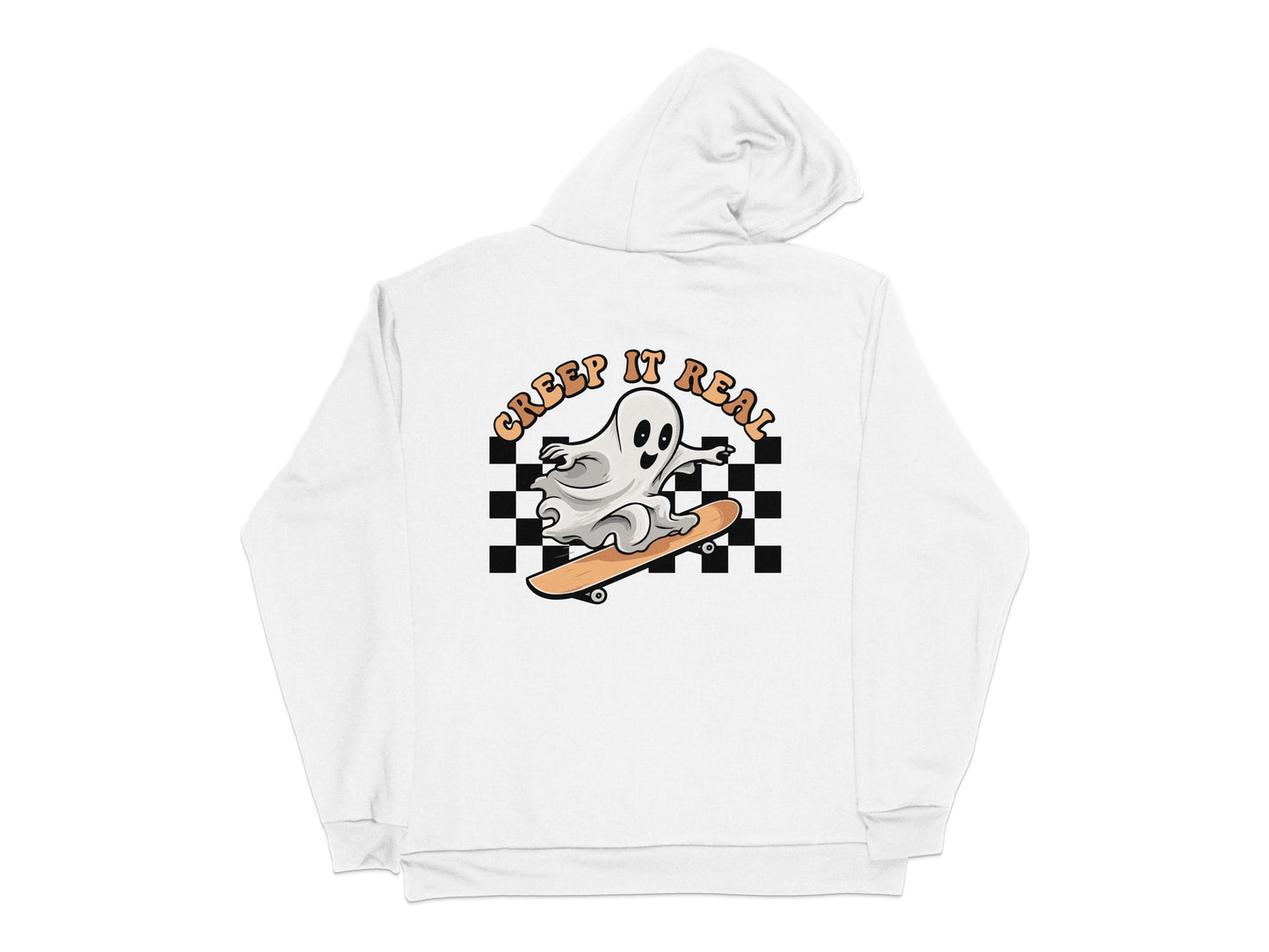 Creep It Real Ghost on Skateboard Graphic Hoodie, Unisex Halloween Hooded Sweatshirt, Casual Fall Clothing, Spooky Apparel