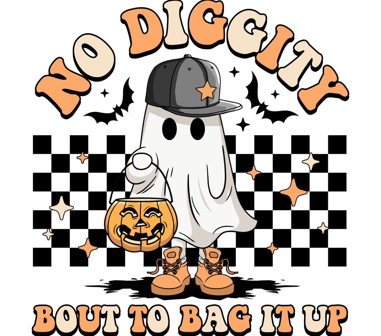 Halloween Ghost Graphic Tee, Spooky 'No Diggity' Pumpkin, Checkered Background, Autumn Shirt Design