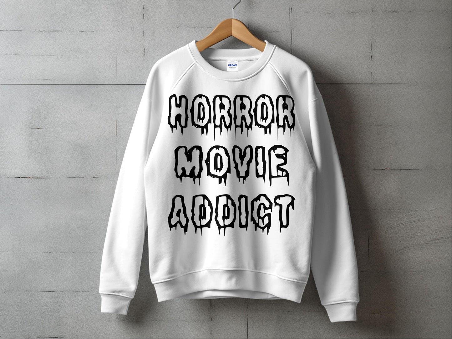 Horror Movie Addict Sweatshirt, Unisex White Crewneck for Halloween, Gothic Lettering Pullover, Casual Fall Fashion Top