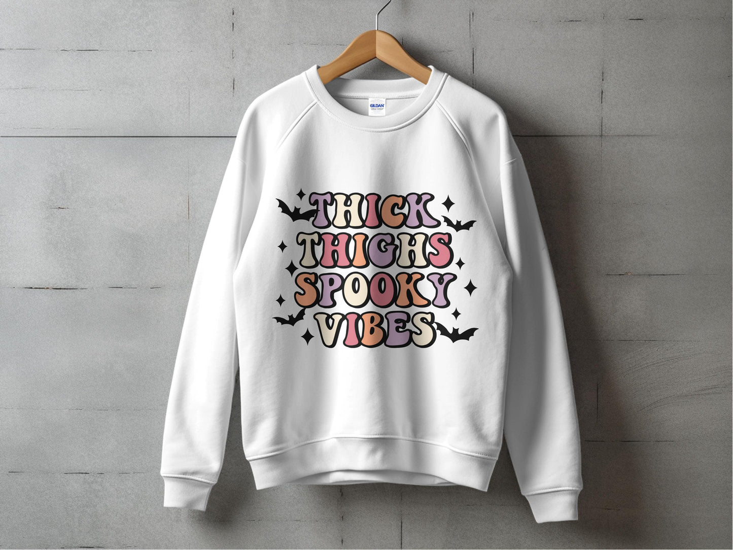 Thick Thighs Spooky Vibes Sweatshirt, Halloween Graphic Pullover, Casual Autumn Fashion, Unisex Crewneck Sweater Top