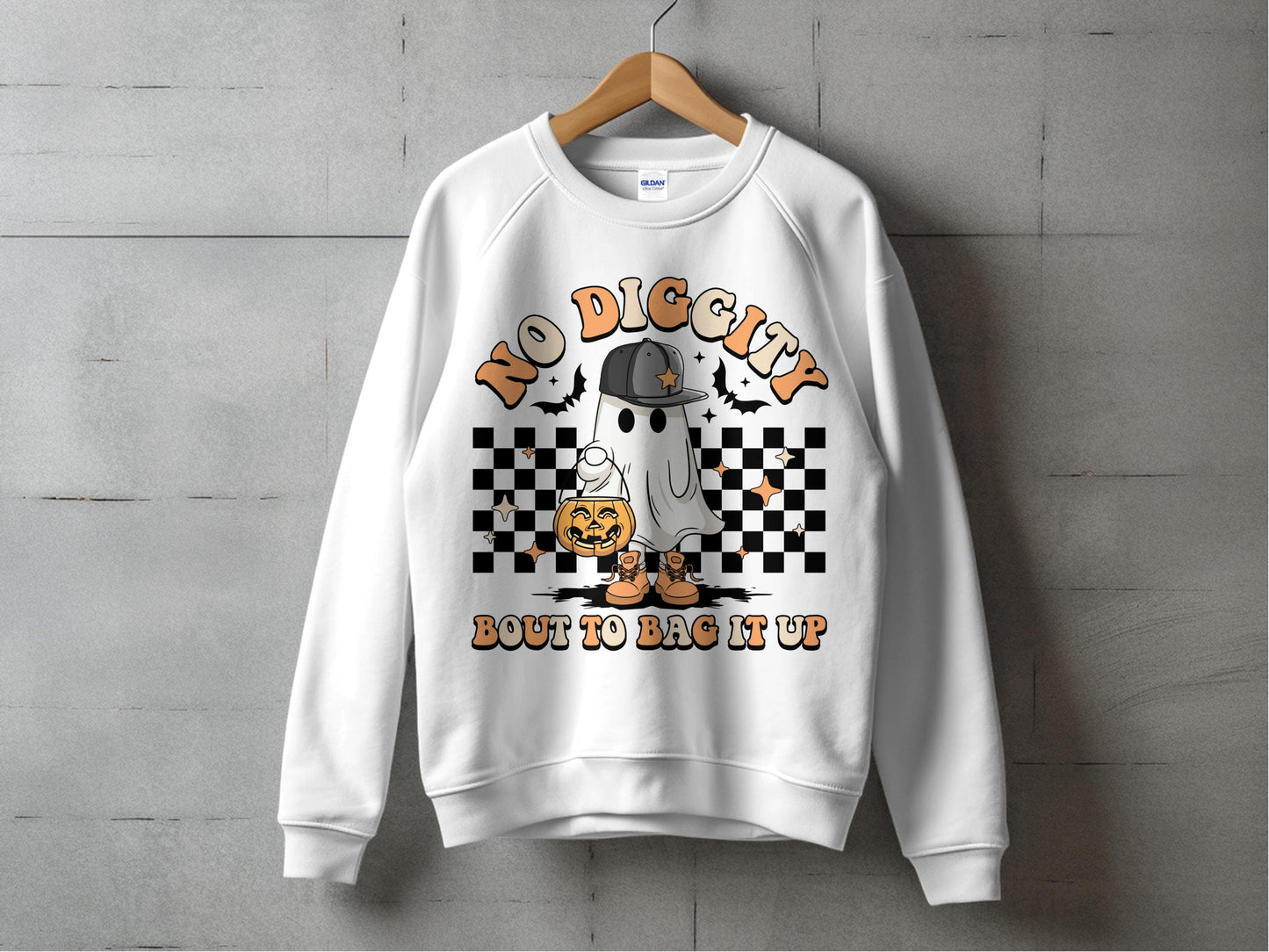 Halloween Ghost Sweatshirt, No Diggity Bout To Back It Up, Checkerboard Pumpkin, Autumn Casual Apparel, Unisex Ghost Graphic Top