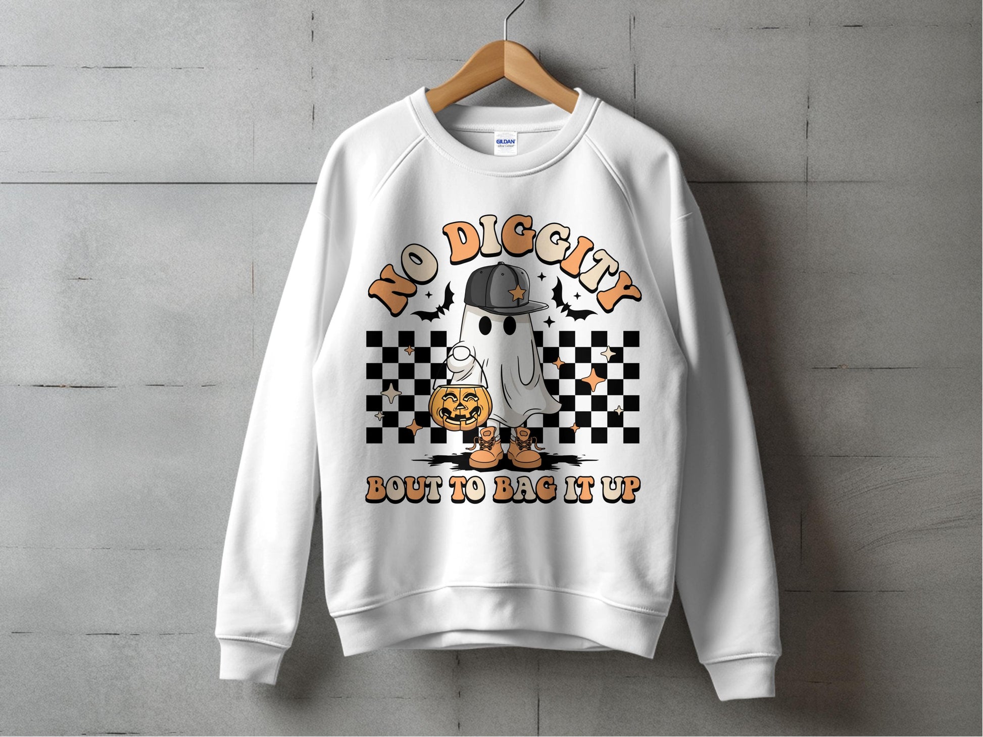 Halloween Ghost Sweatshirt, No Diggity Bout To Back It Up, Checkerboard Pumpkin, Autumn Casual Apparel, Unisex Ghost Graphic Top