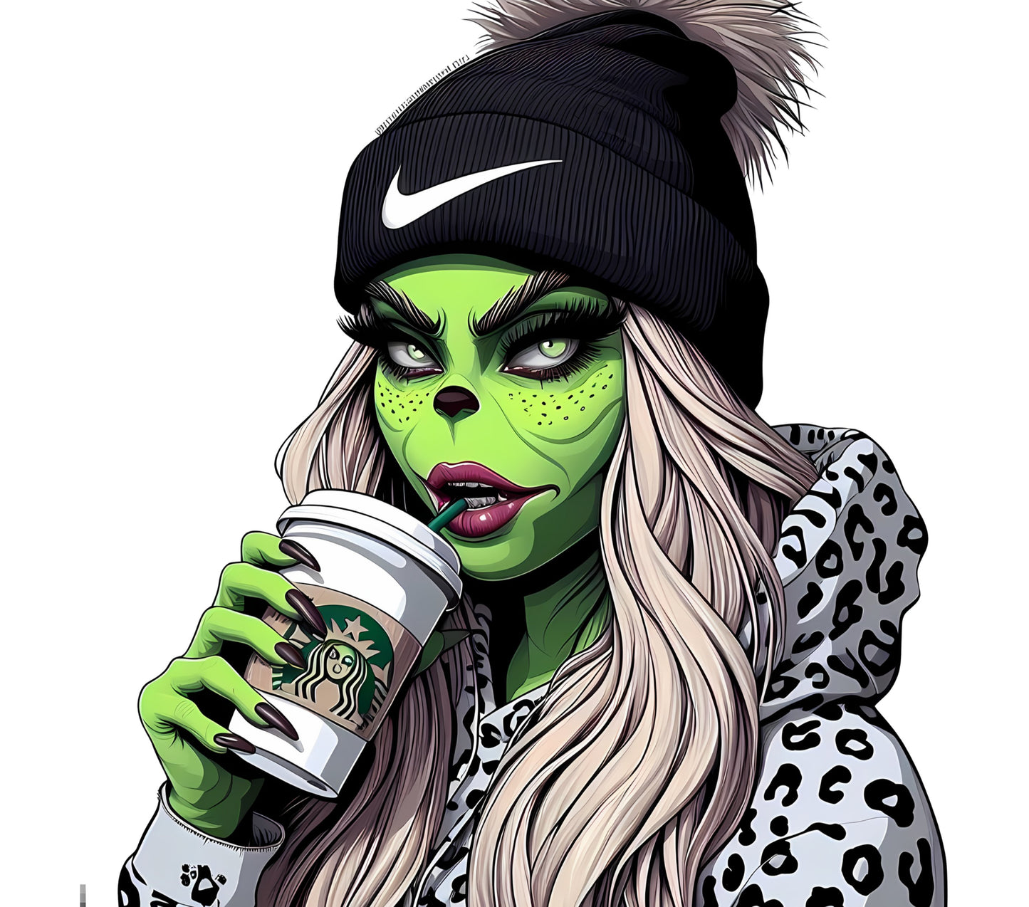 Green Monster Girl Drinking Coffee Art Print, Stylish Leopard Jacket and Beanie, Vibrant Wall Decor, Unique Illustration