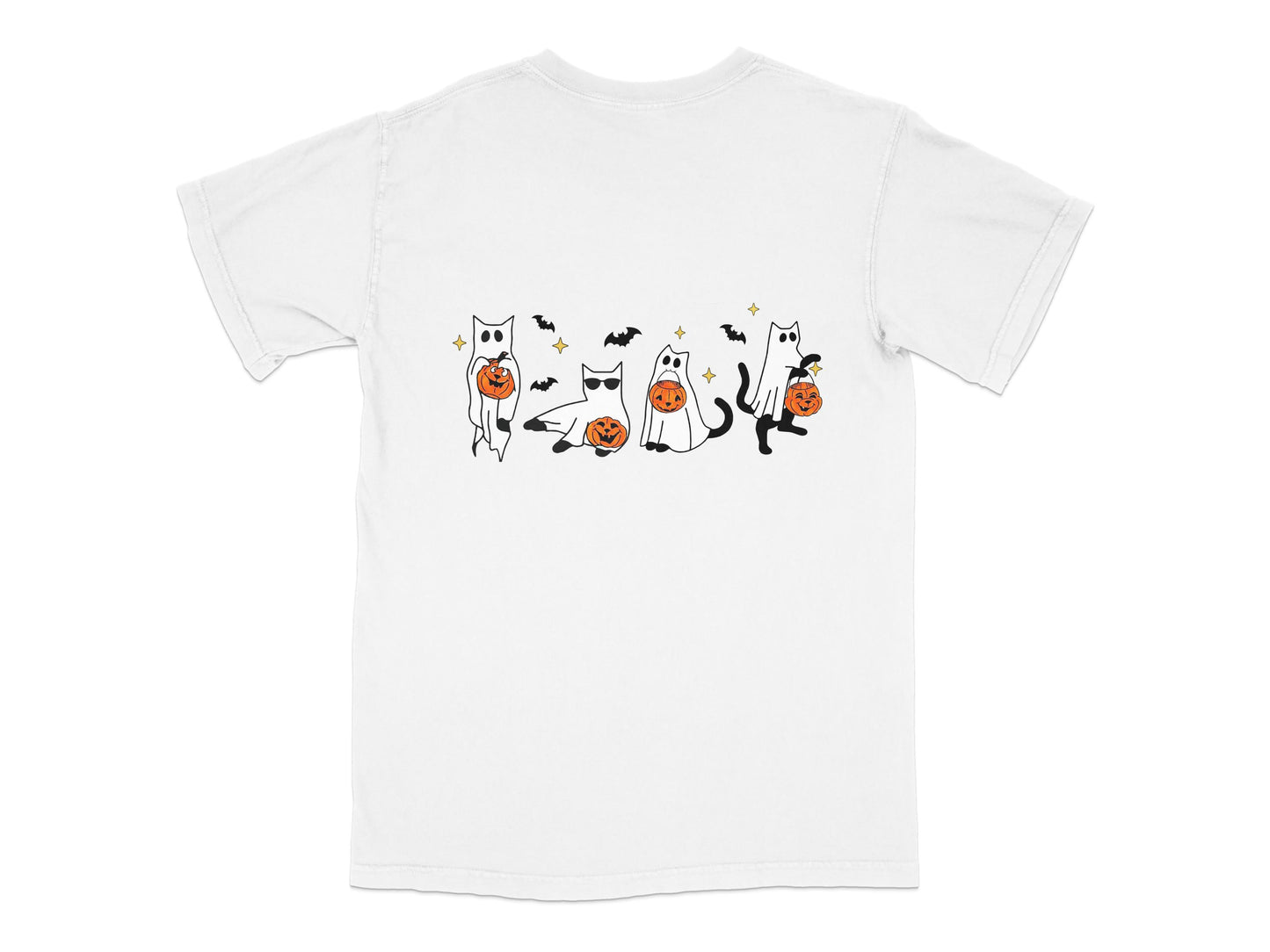 Halloween Cat T-Shirt, Cute Ghosts and Pumpkins, Spooky Cartoon Cats, White Tee, Unisex Graphic Shirt
