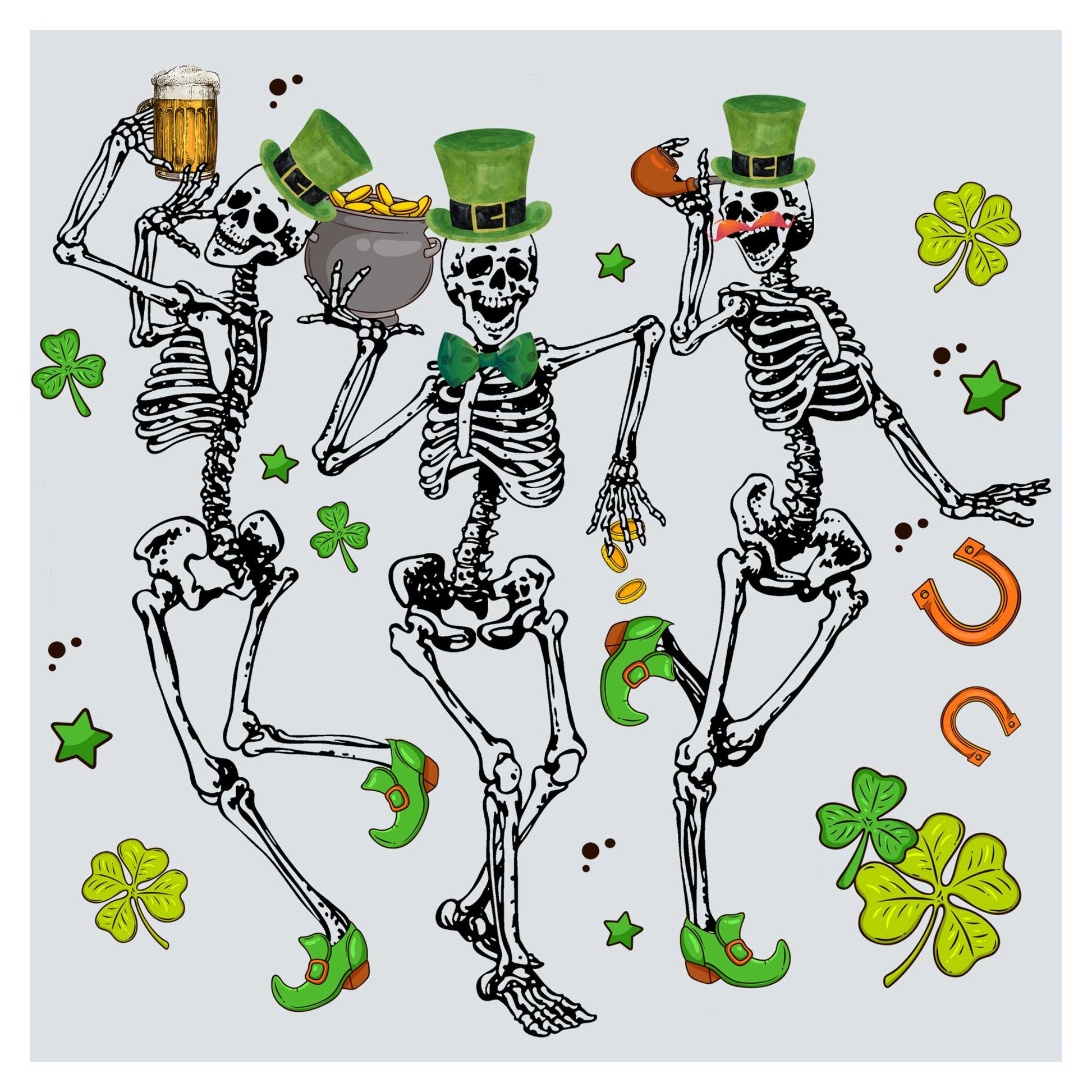 three skeletons dancing with beer and shamrocks