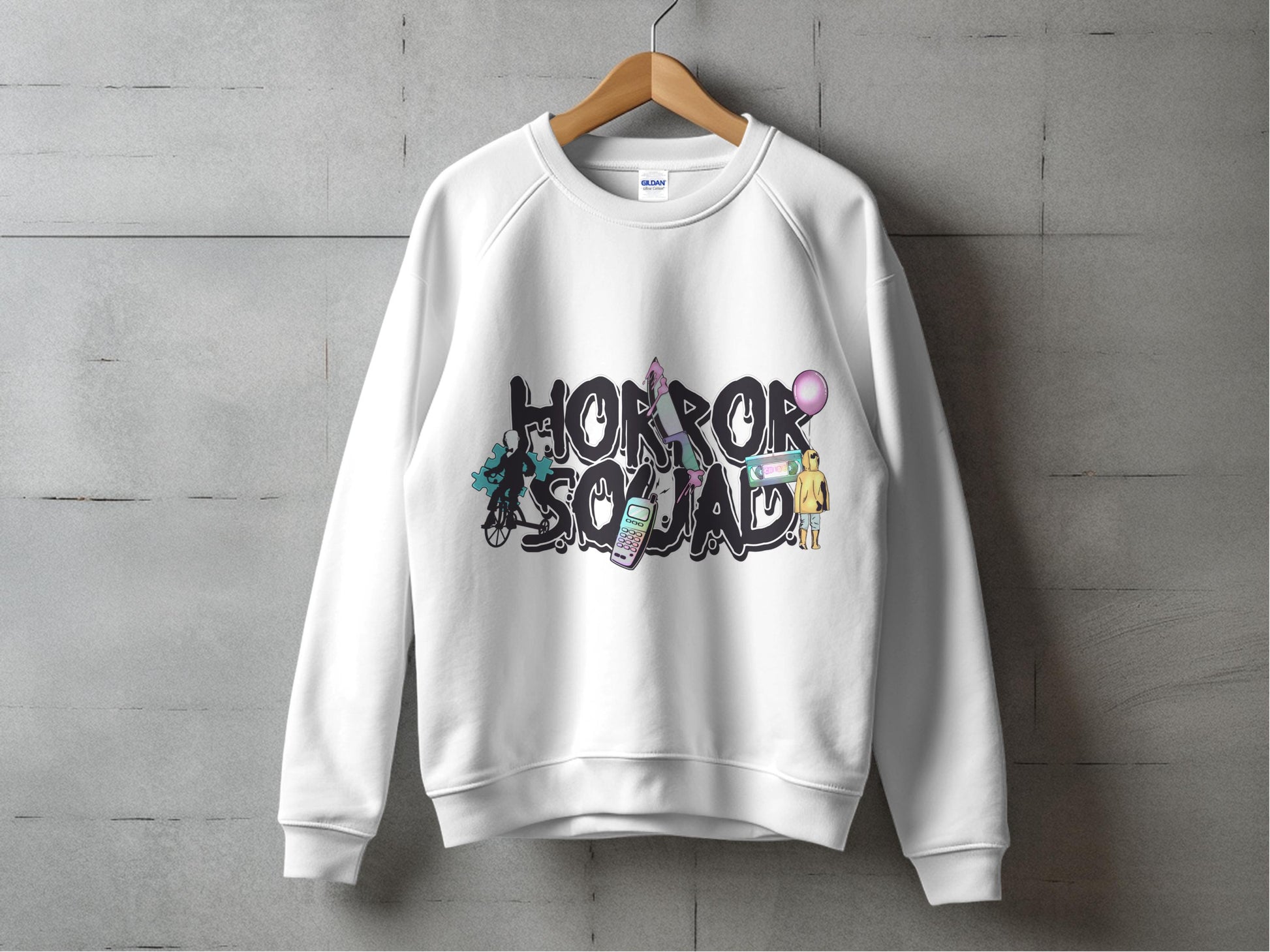 Horror Squad Graphic Sweatshirt, Unisex White Pullover with Cartoon Characters, Casual Streetwear Style