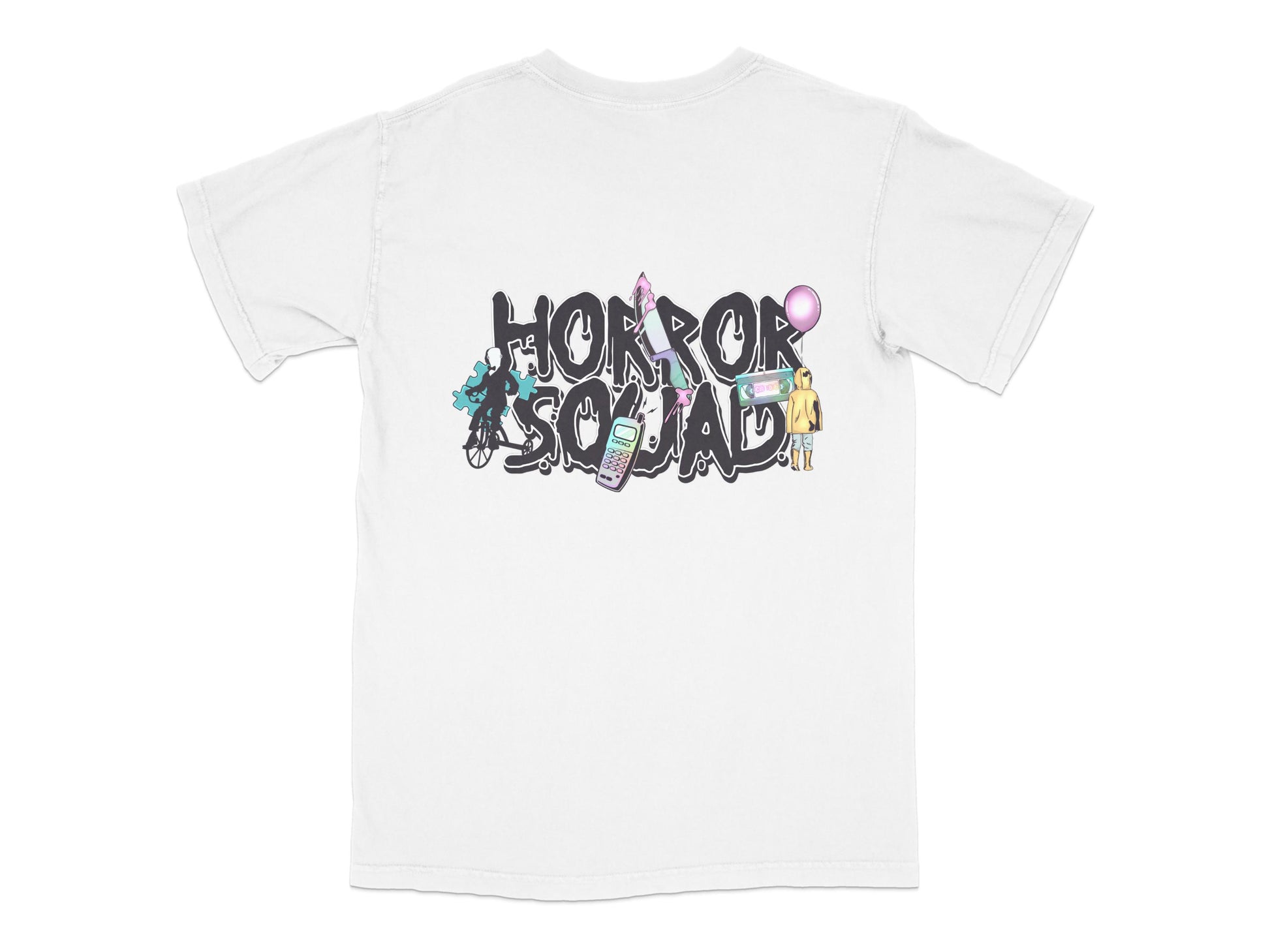 Horror Squad T-Shirt Unisex White Tee Graphic Novelty Cartoon Characters Balloons