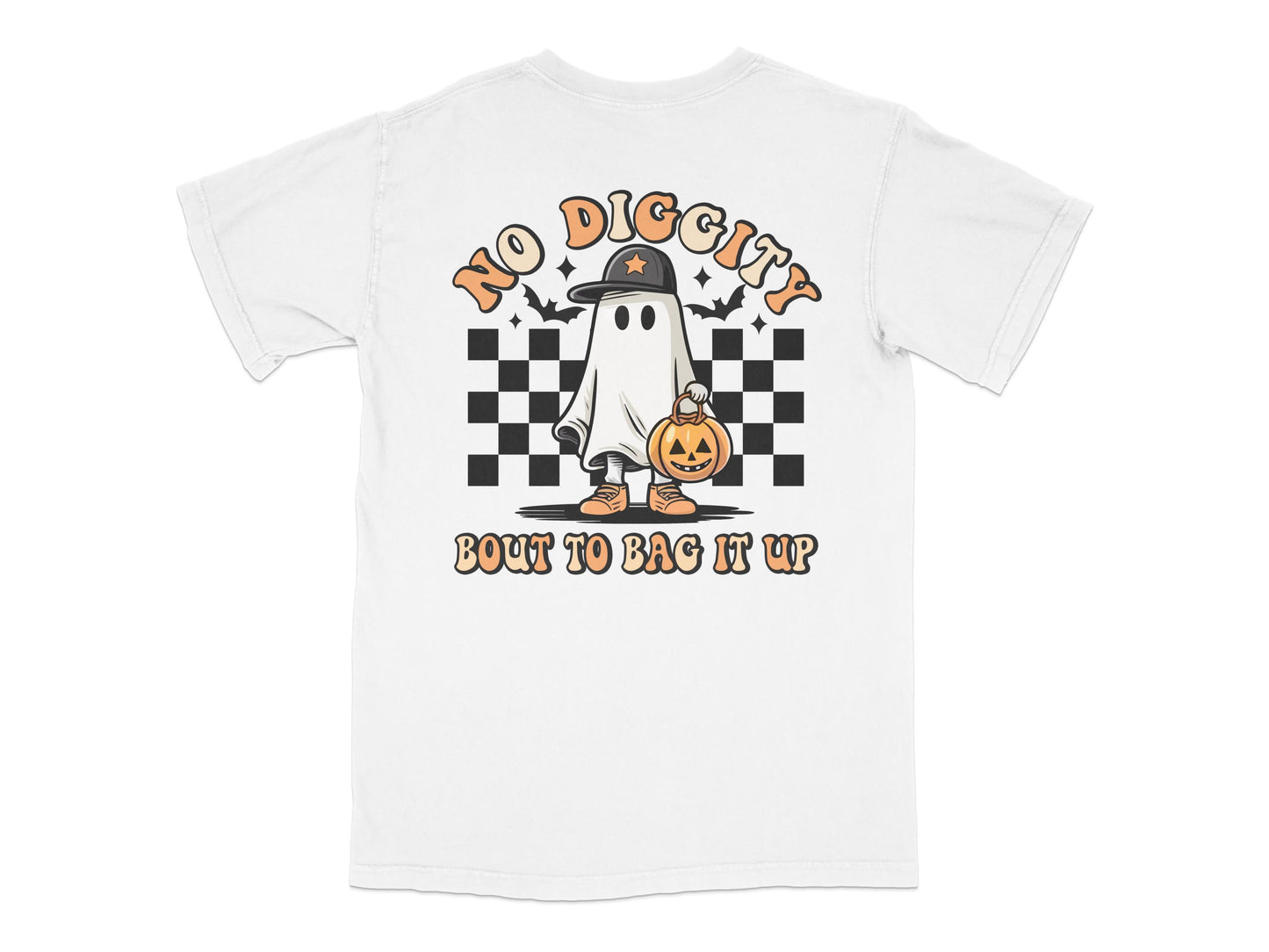 Halloween Ghost T-Shirt, No Diggity, Bout to Bag it Up, Funny Fall Tee, Spooky Pumpkin, Checkerboard, Casual Unisex Apparel