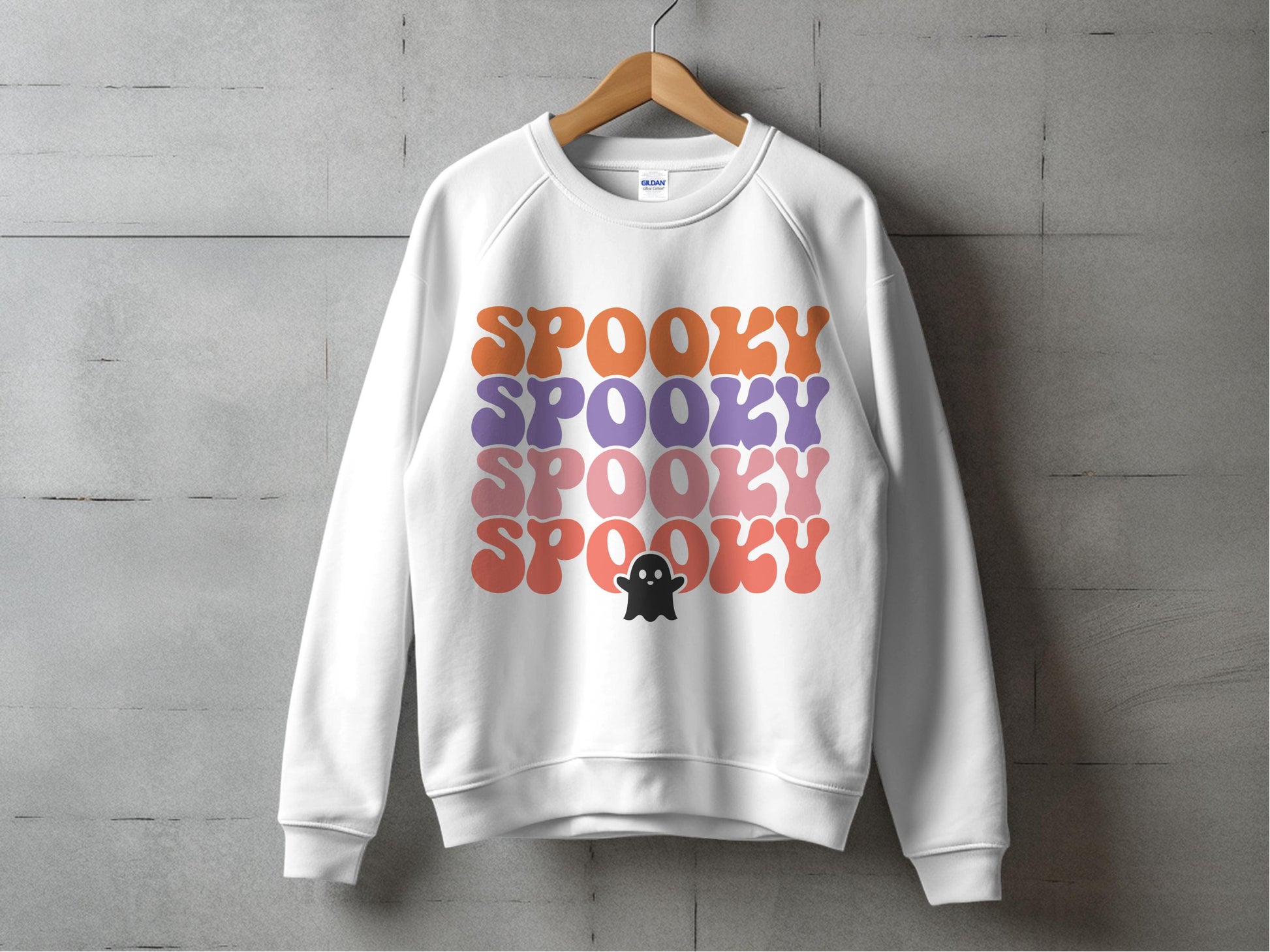 Spooky Halloween Sweatshirt, Ghost Graphic Unisex Crewneck, Fall Festive Apparel, Orange Purple Letters