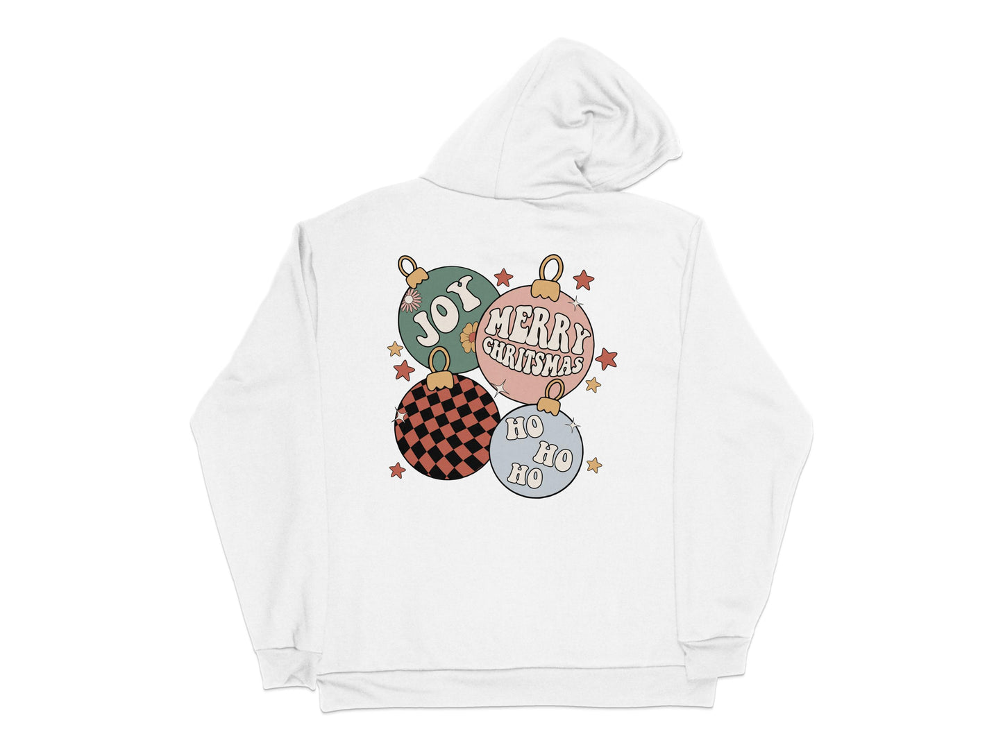 Merry Christmas Joyful Holiday Hoodie, Buffalo Plaid Ornament Design, Festive Winter Apparel