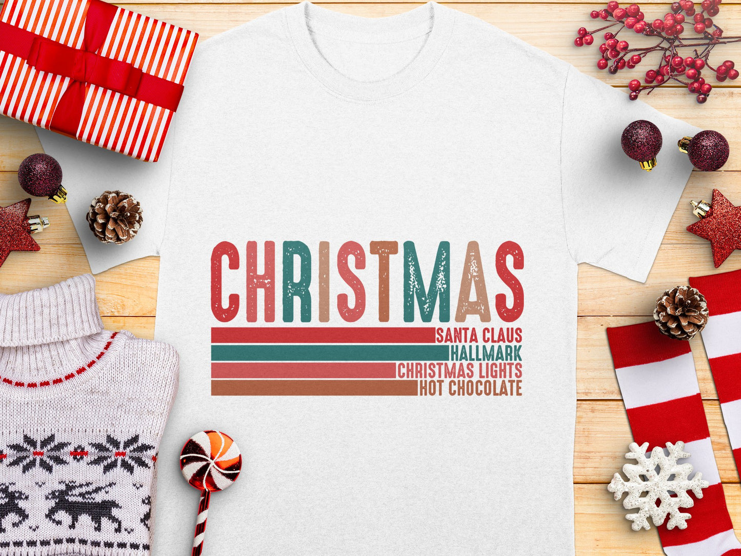 Festive Christmas T-Shirt, Santa Claus, Hallmark, Christmas Lights, Hot Chocolate Design, Holiday Apparel