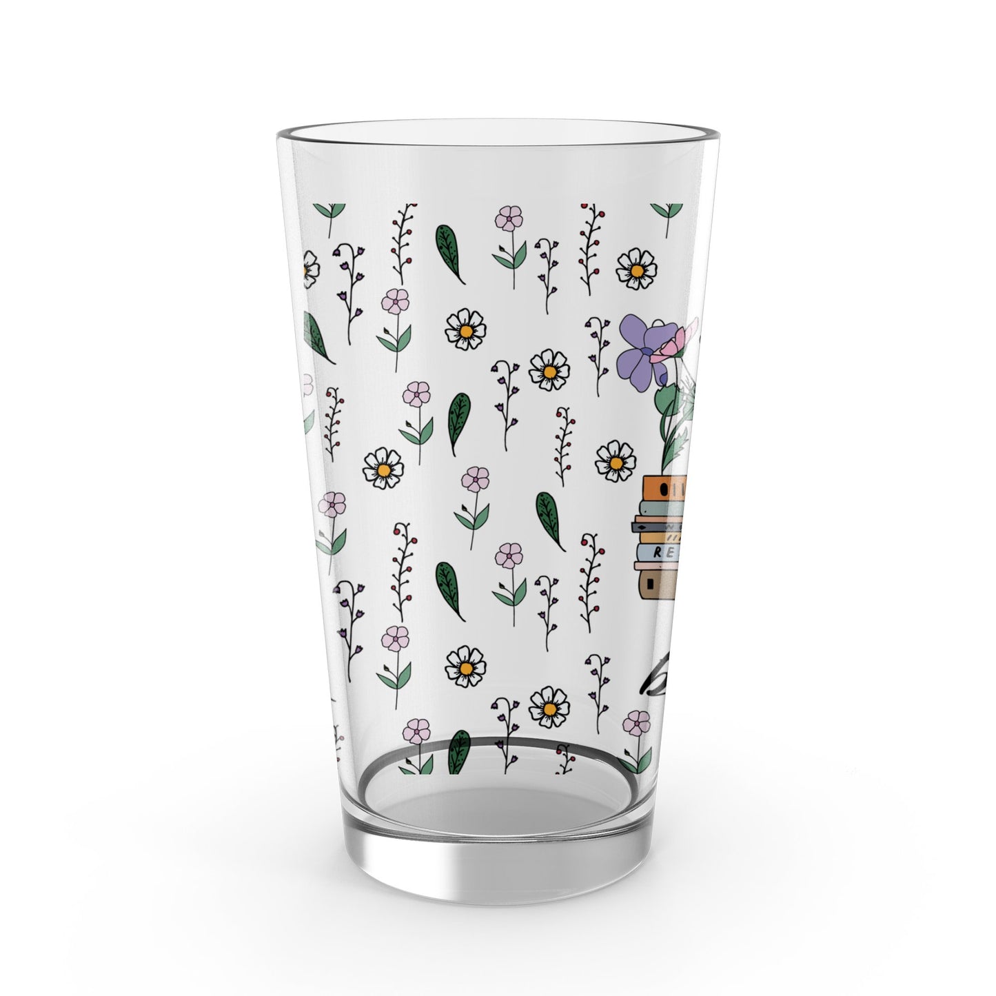 Floral Honey Bee Glass Tumbler, Botanical Drinkware, Nature Inspired Glass, Unique Kitchen Gifts, Dishwasher Safe, 16 oz