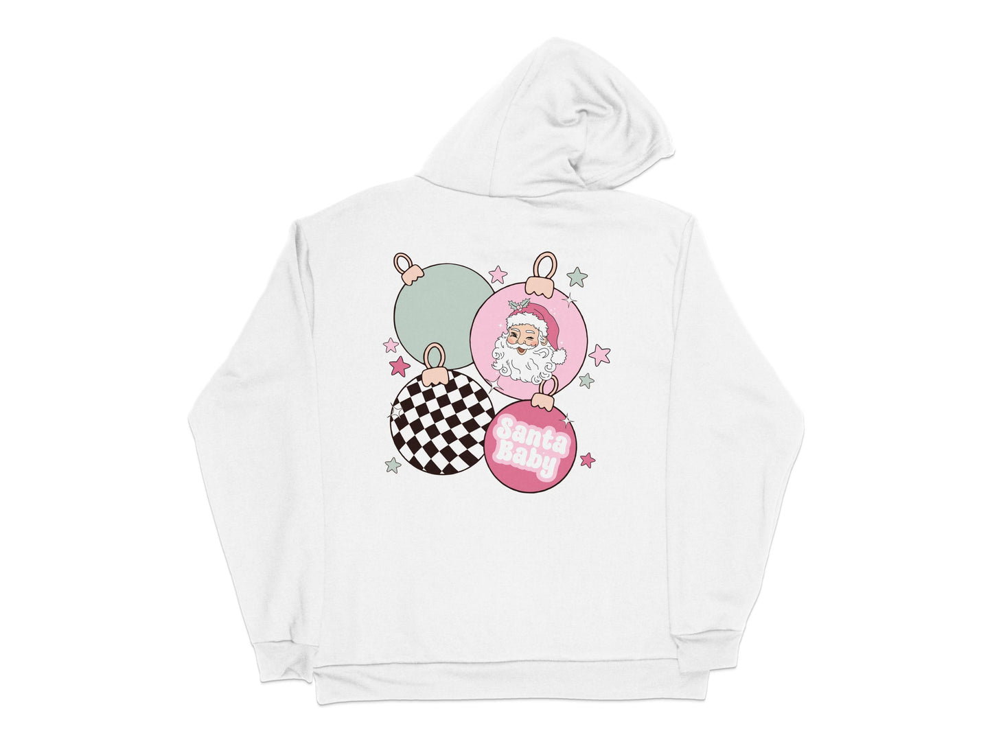 Cute Santa Baby Hoodie, Christmas Graphic Sweatshirt, Festive Holiday Apparel, Checkerboard Pattern Hoodie, Star Accents