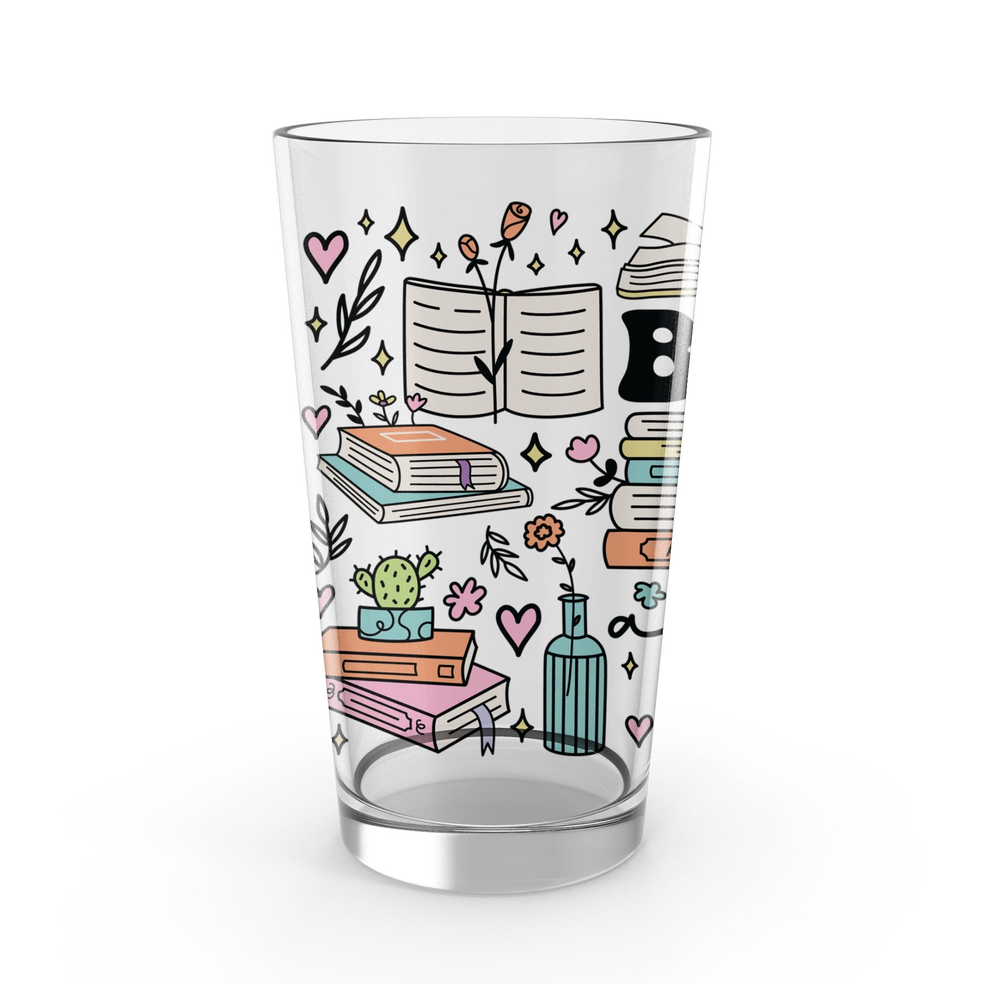 Colorful Doodle Glass Cup, Books and Plants Design, Unique Illustrated Drinkware, Creative Gift Idea for Readers and Writers
