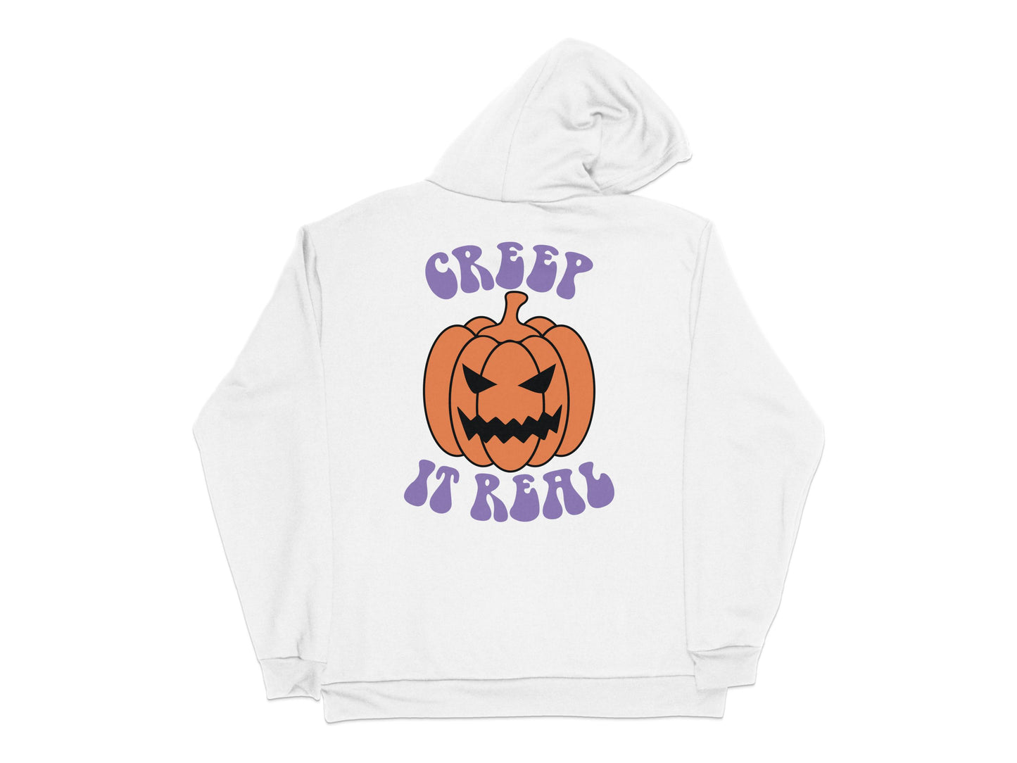 Halloween Hoodie Pumpkin Creep It Real Design Unisex White Sweatshirt Fall Season Casual Wear Spooky Outfit