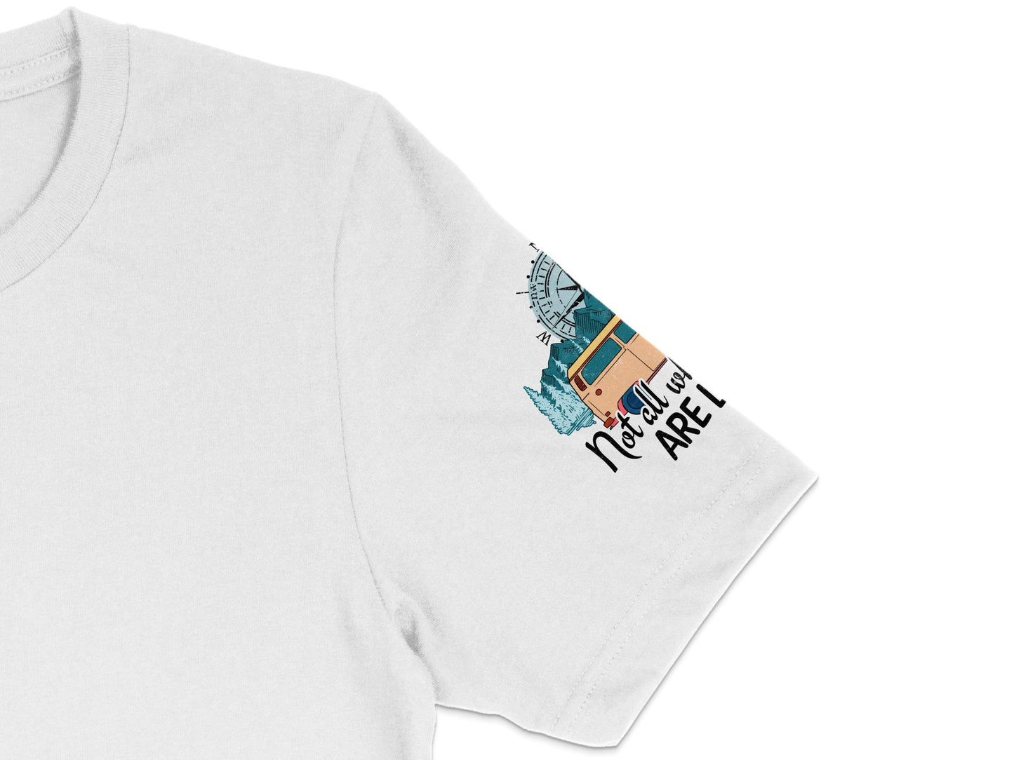 White T-Shirt with Vintage Camper and Compass Graphic, Adventure Awaits Design, Unisex Travel Tee