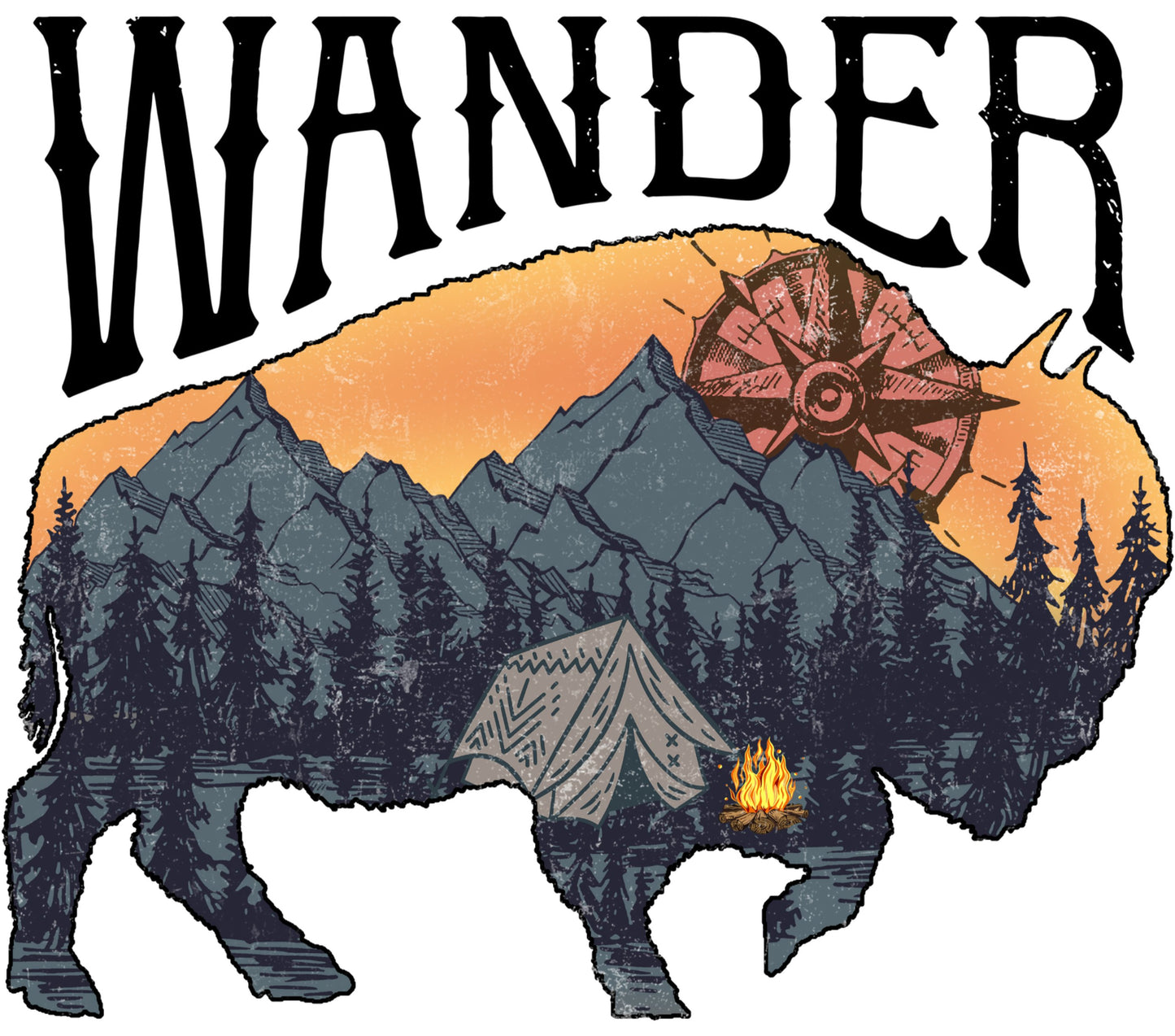 Wander Mountain Bear Graphic T-Shirt, Outdoor Adventure Nature Themed Tee, Vintage Compass and Sunset Design