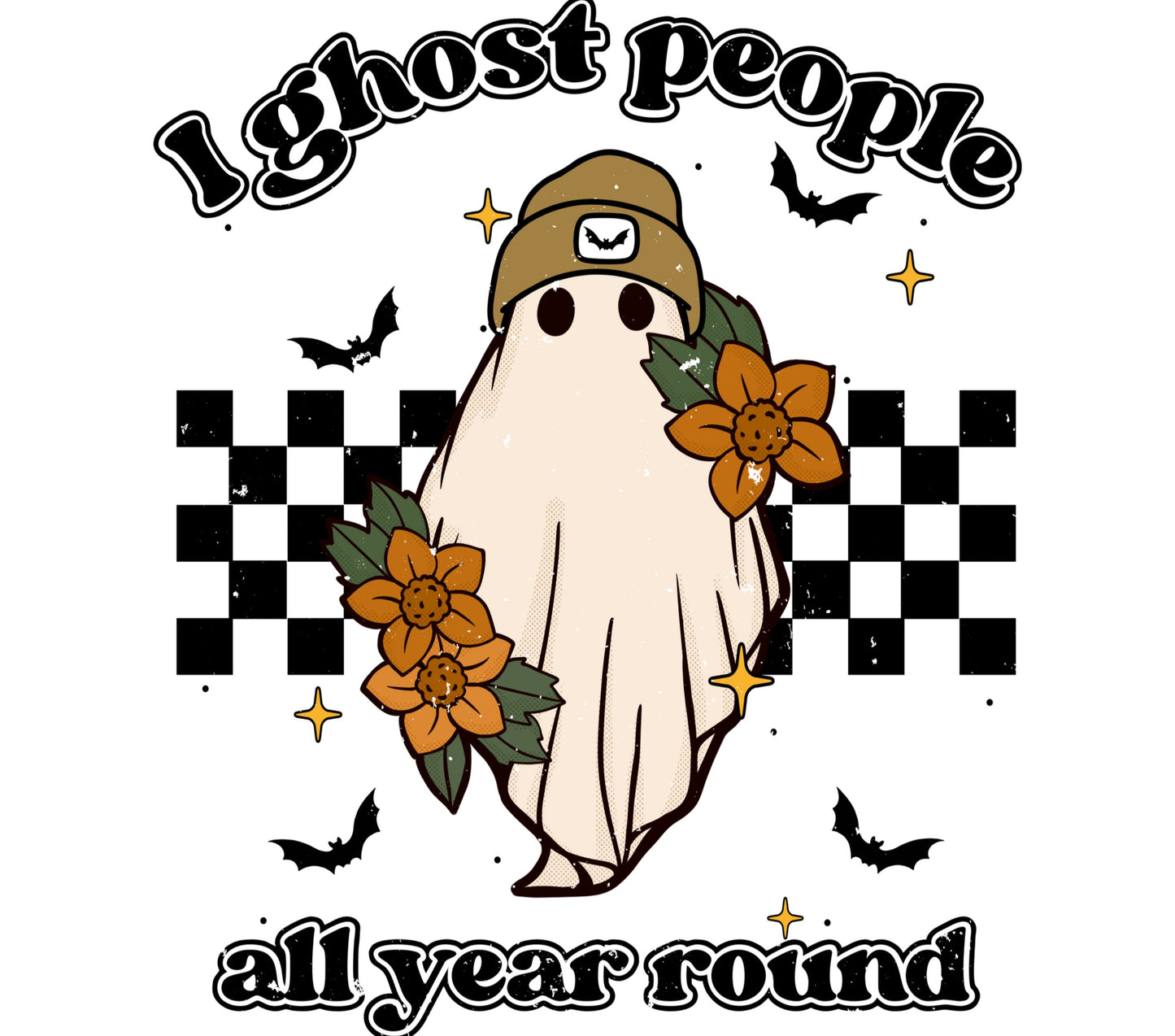 Cute Ghost Graphic T-Shirt, Floral and Bats Design, All Year Round Casual Wear, Unisex Ghost Lover Tee