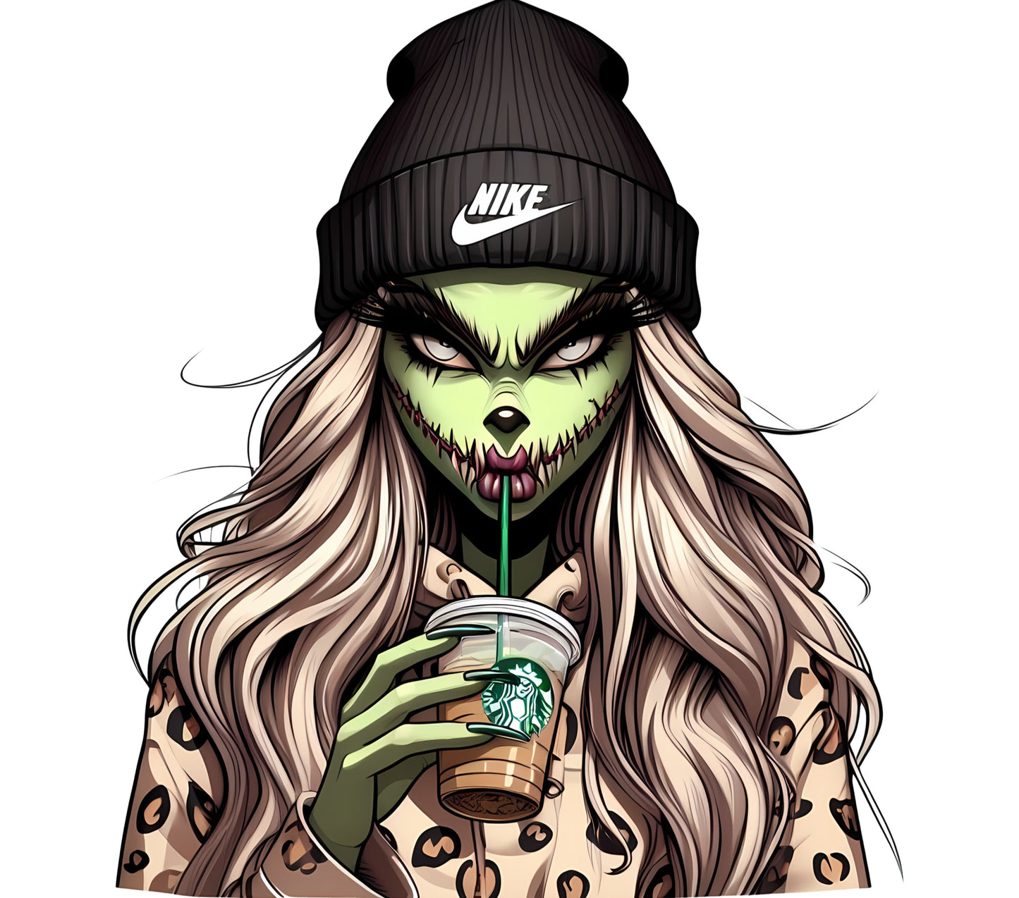Zombie Girl Drinking Starbucks Coffee, Spooky Halloween Art Print, Leopard Jacket Illustration