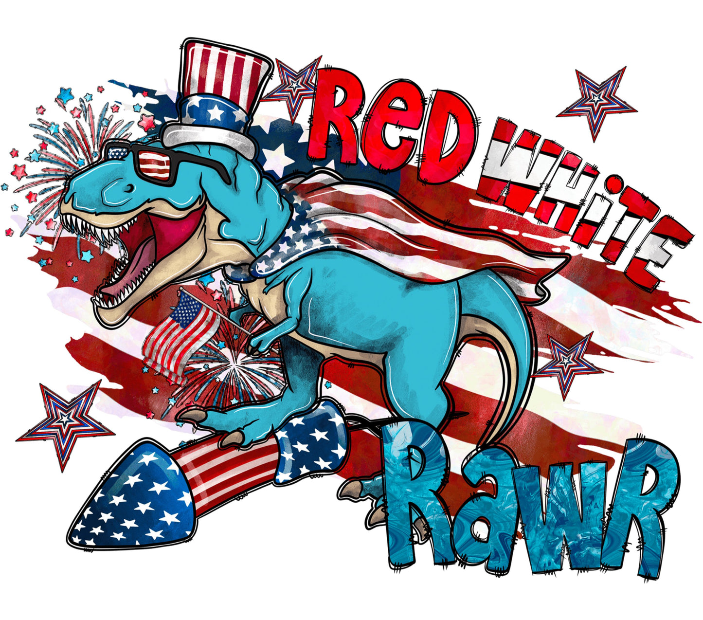 Patriotic Dinosaur T-Shirt, 4th of July Tee, Red White and Rawr, USA Flag Dinosaurs, Independence Day Kids Top, Colorful Graphic Shirt