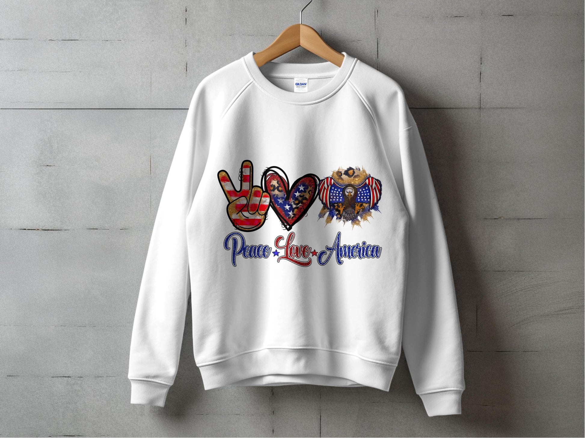 Patriotic Sweatshirt, Peace Love America, 4th of July Clothing, Unisex Adult Graphic Sweatshirt, USA Flag Design Pullover