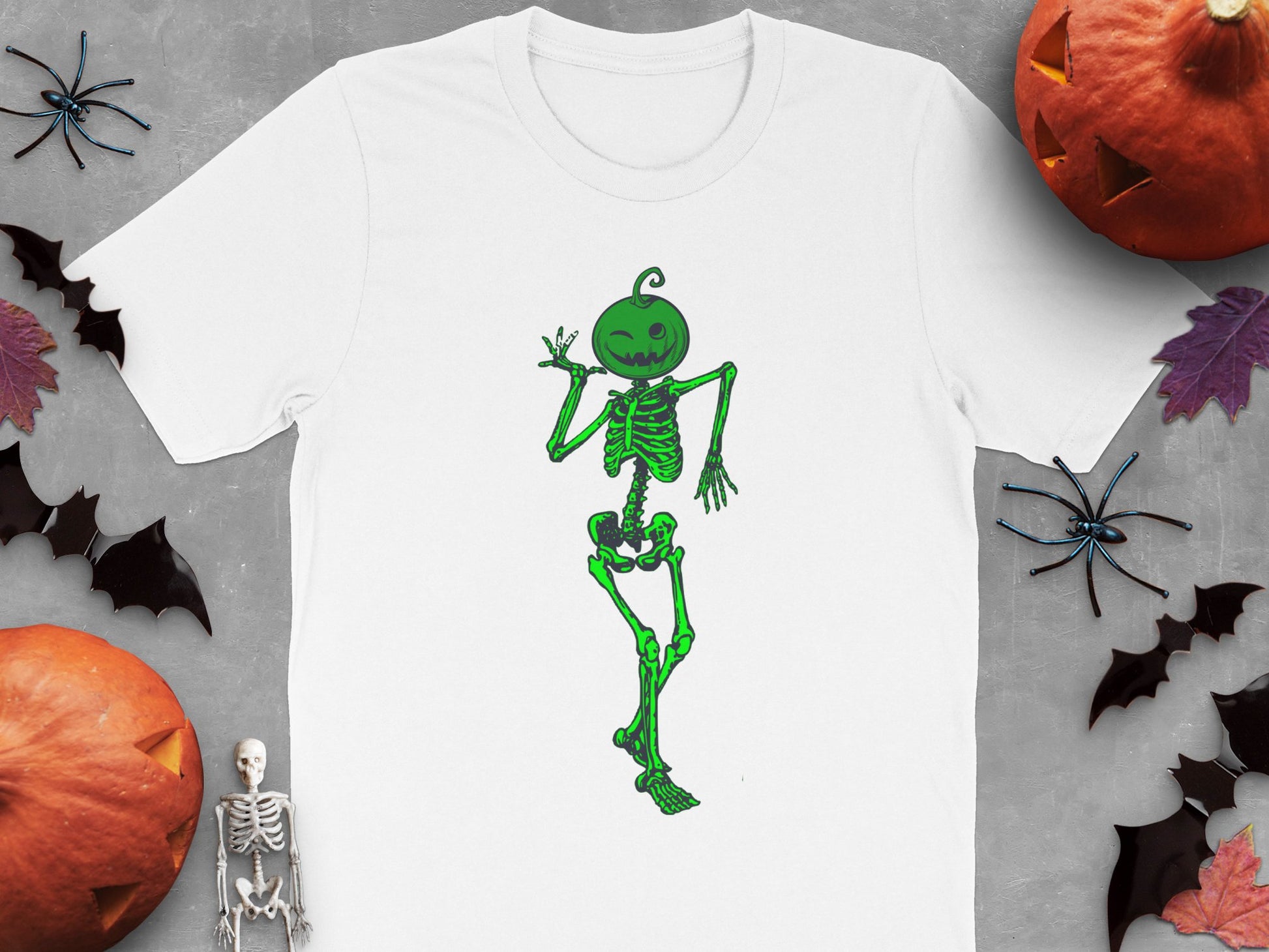 Halloween Skeleton Pumpkin Head T-Shirt, Spooky Green Graphic Tee, Men's Women's Casual Fashion, Fall Season Apparel
