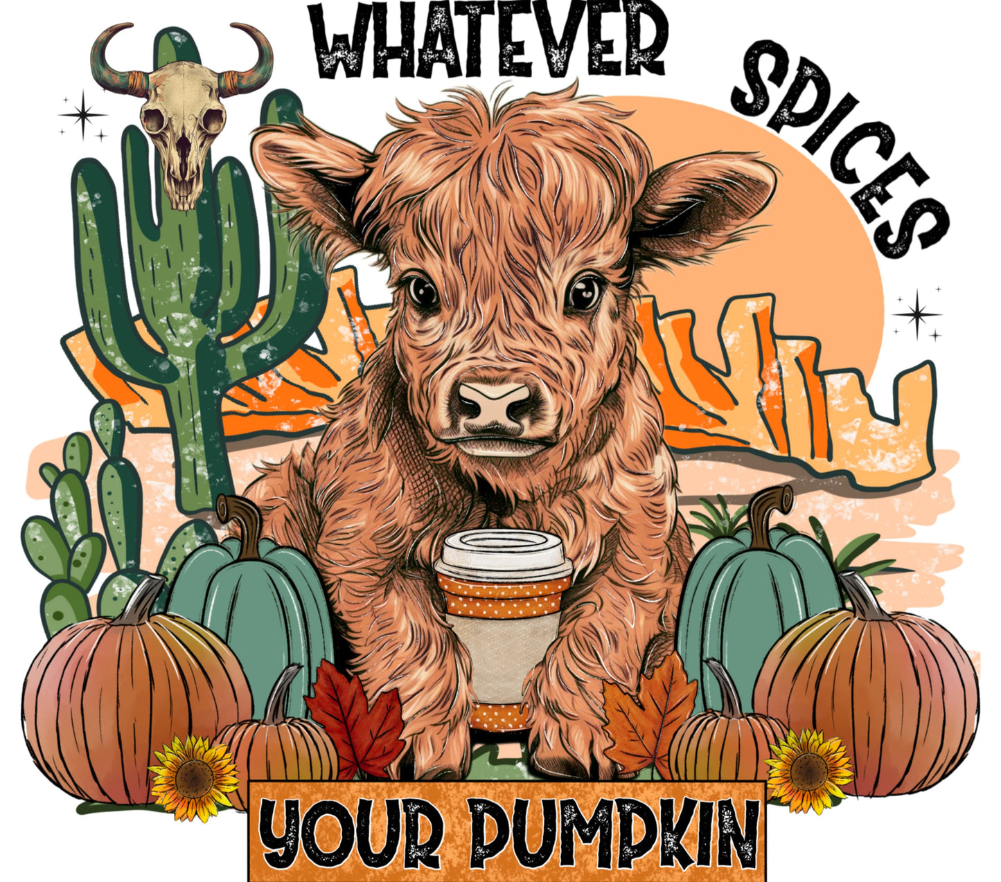 Whatever Spices Your Pumpkin Cow Cactus Desert Graphic T-Shirt, Cute Fall Season Apparel, Trendy Autumn Design Tee