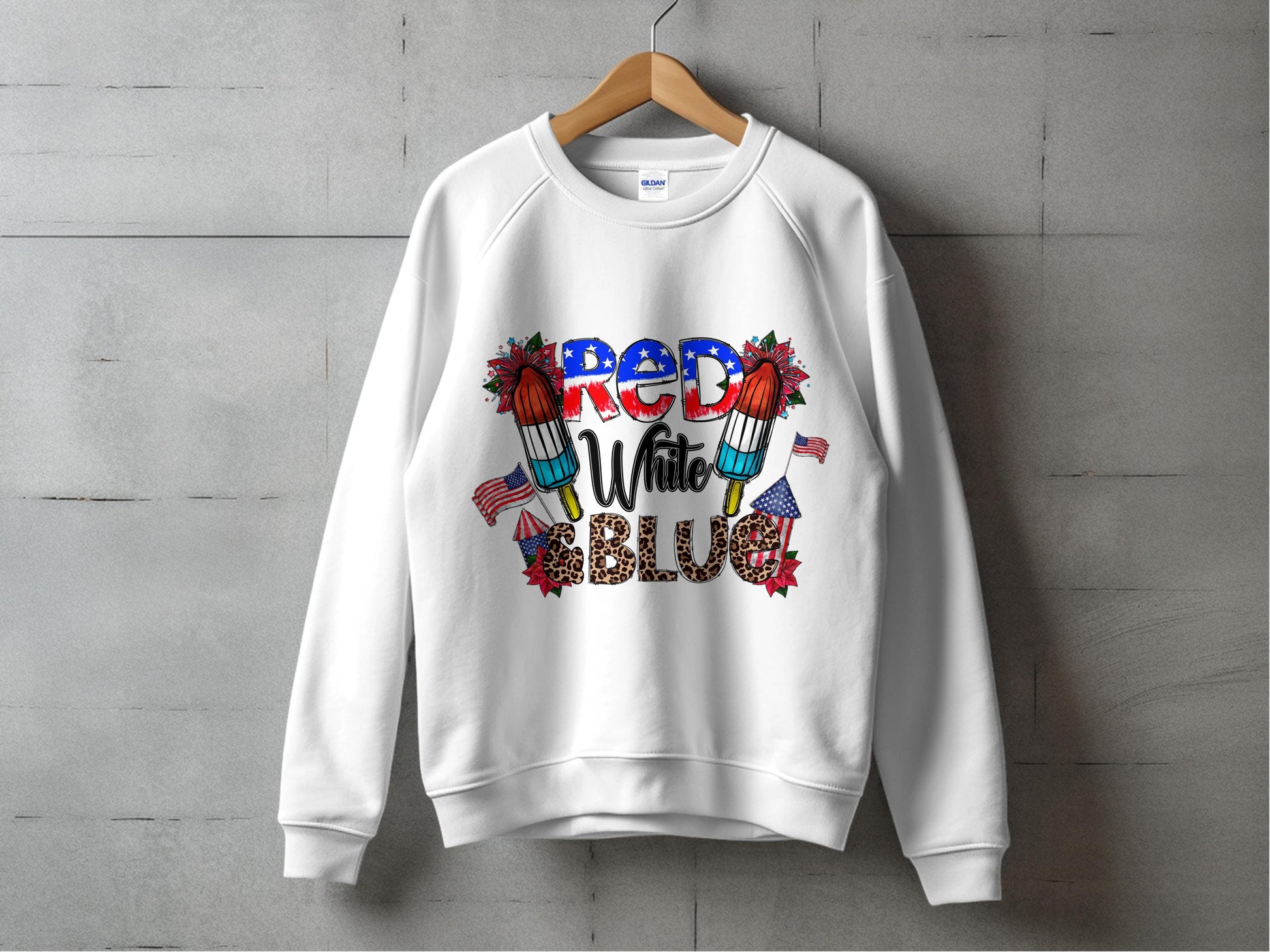 Patriotic Sweatshirt Red White Blue Fireworks Floral Design Unisex Crewneck Casual American Flag Top