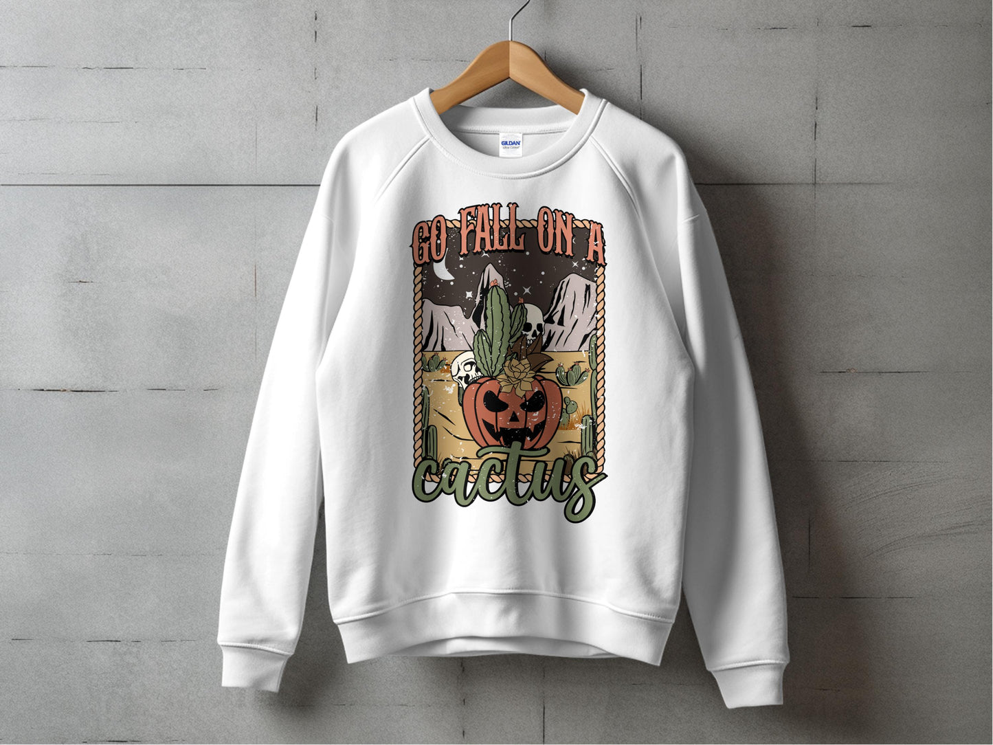 Funny Halloween Sweatshirt, Go Fall on a Cactus, Spooky Bat and Pumpkin Graphic, Unisex Fall Apparel