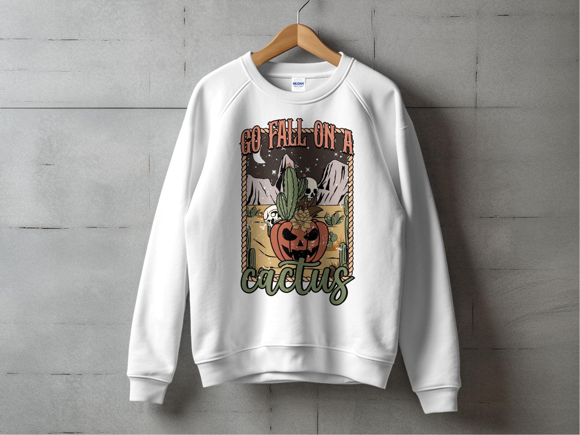 Funny Halloween Sweatshirt, Go Fall on a Cactus, Spooky Bat and Pumpkin Graphic, Unisex Fall Apparel