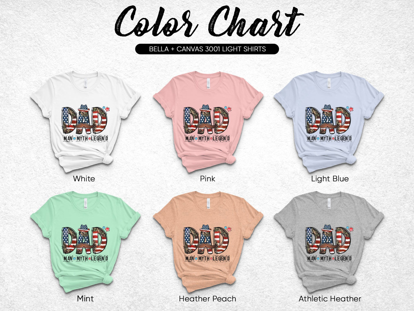 Colorful Dad Man Myth Legend T-Shirts, Father's Day Gift, Bella Canvas 3001, Multiple Colors Available