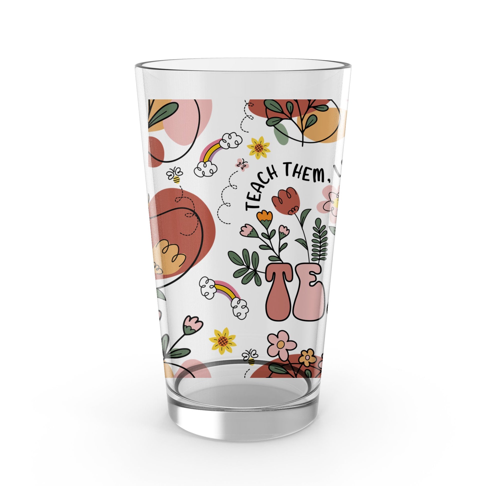 Colorful Floral and Fruit Pattern Glass Tumbler, Teach Them Quote, Unique Drinkware for Home