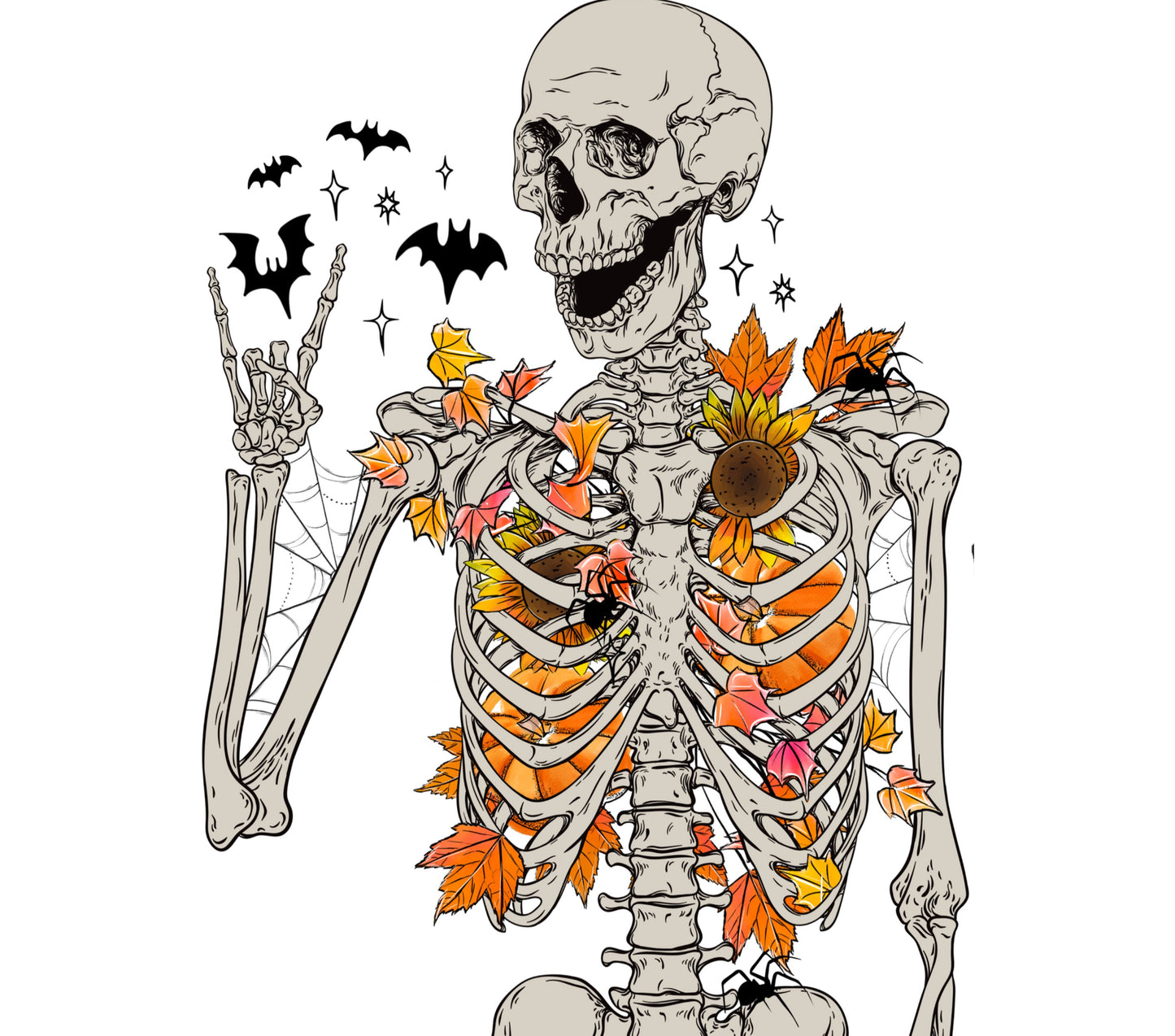 Halloween Skeleton Art Print, Autumn Leaves and Bats, Spooky Home Decor Wall Art, Gothic Style Illustration, Unique Seasonal Poster