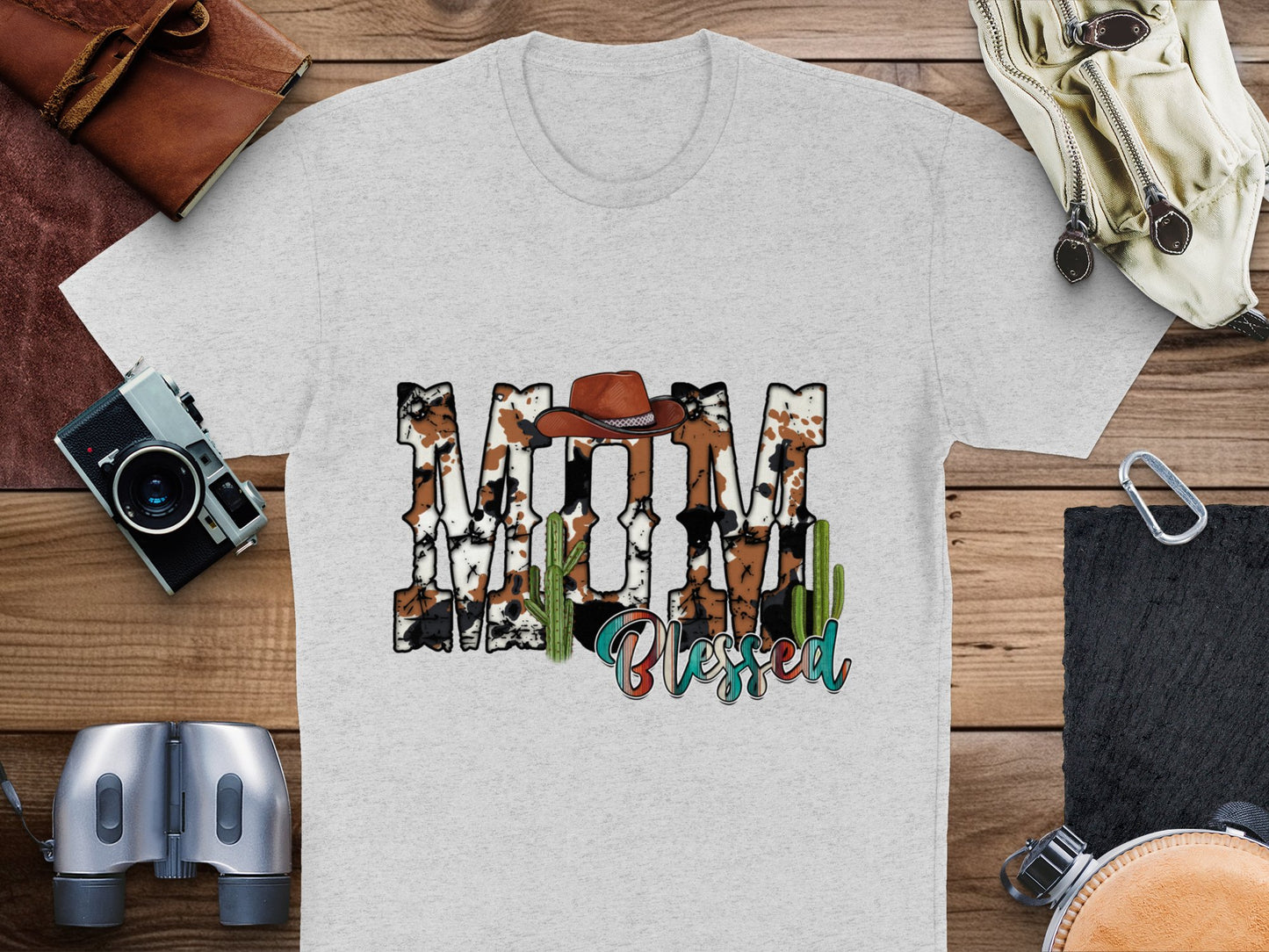 Blessed Cow Print T-Shirt, Farm Animal Graphic Tee, Cowboy Hat Stylish Casual Top