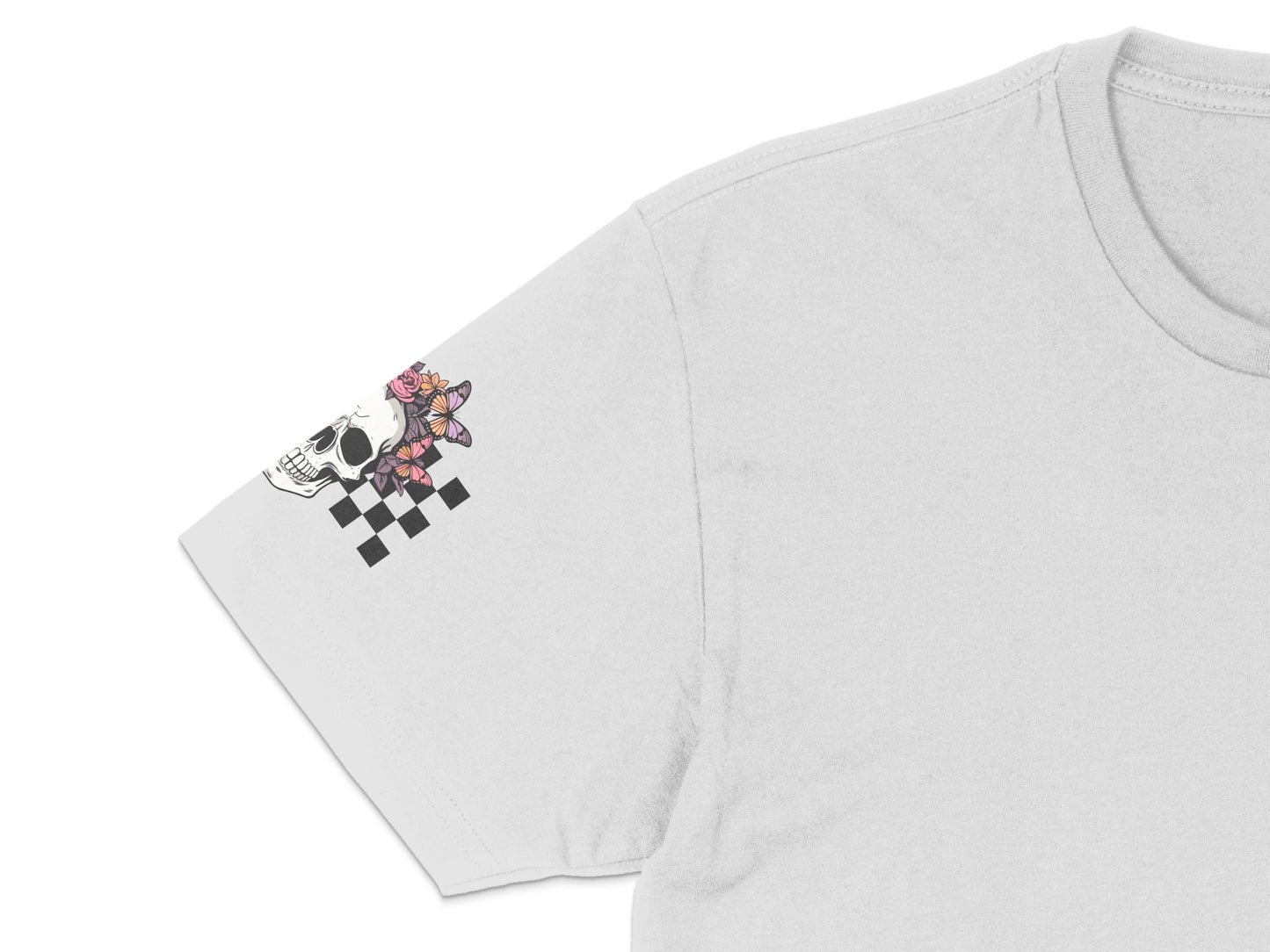 Skull and Roses Graphic T-Shirt, Checkerboard Sleeve Design, Unisex Cotton Tee, Streetwear Fashion, Casual Stylish Top