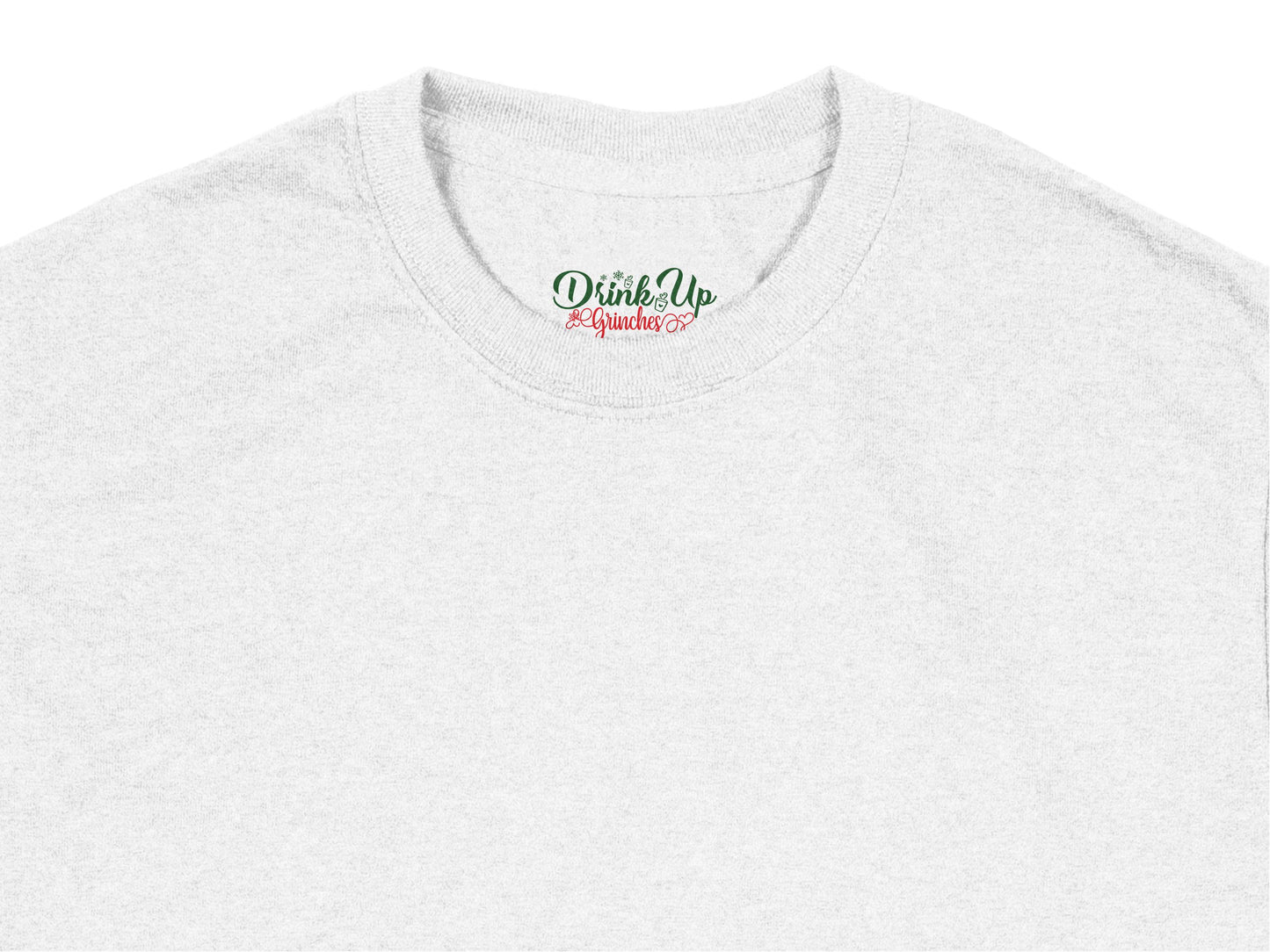White Upcycled T-Shirt with Embroidered 'Drink Up' Logo, Sustainable Fashion, Soft Casual Wear, Unique Gift Idea for Friends.