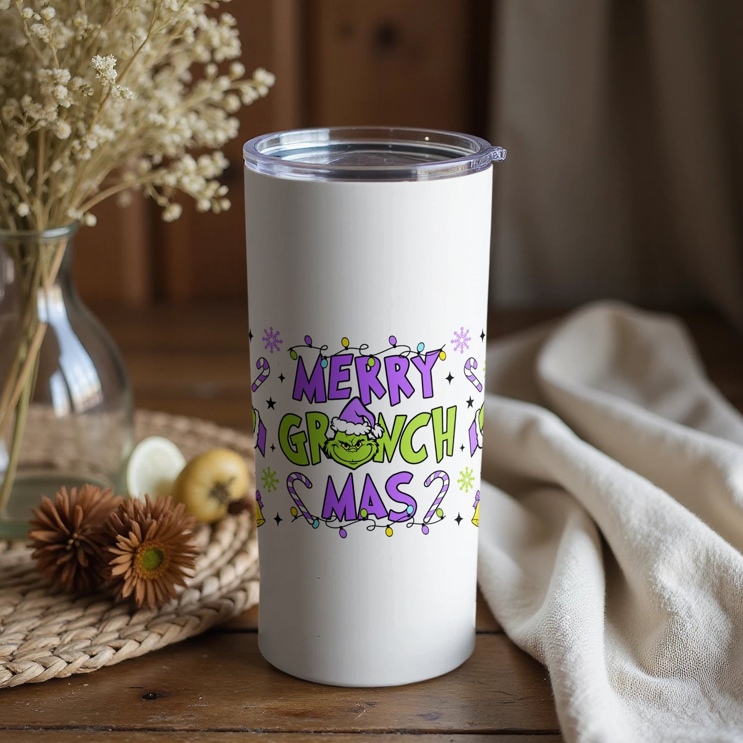 Merry Grinchmas Tumbler, Insulated Christmas Travel Cup, Green Grinch Holiday Mug, Unique Seasonal Drinkware Gift Idea