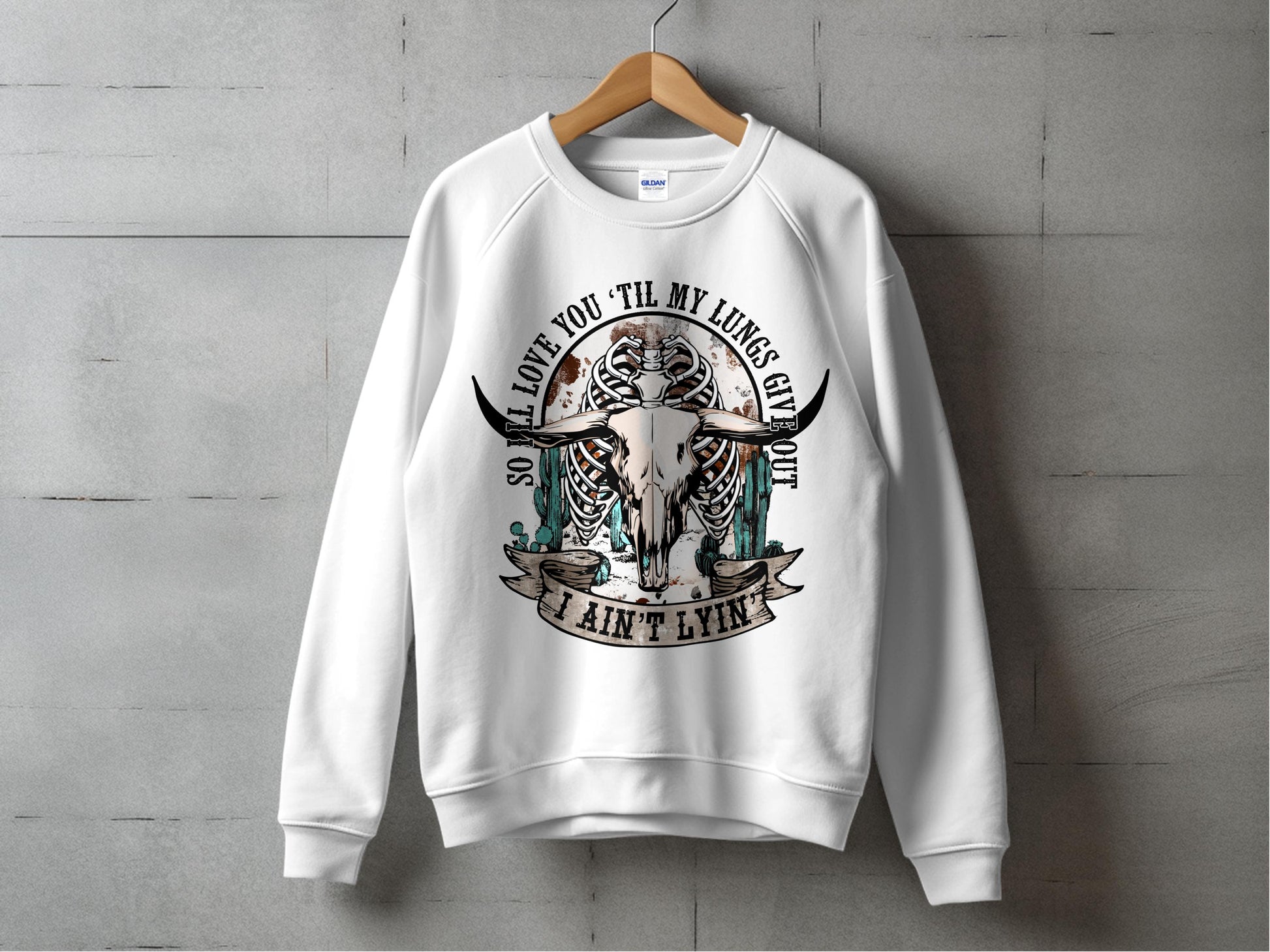 Unisex White Graphic Sweatshirt, Love You to My Lungs, Casual Streetwear Pullover, Trendy Illustrated Top