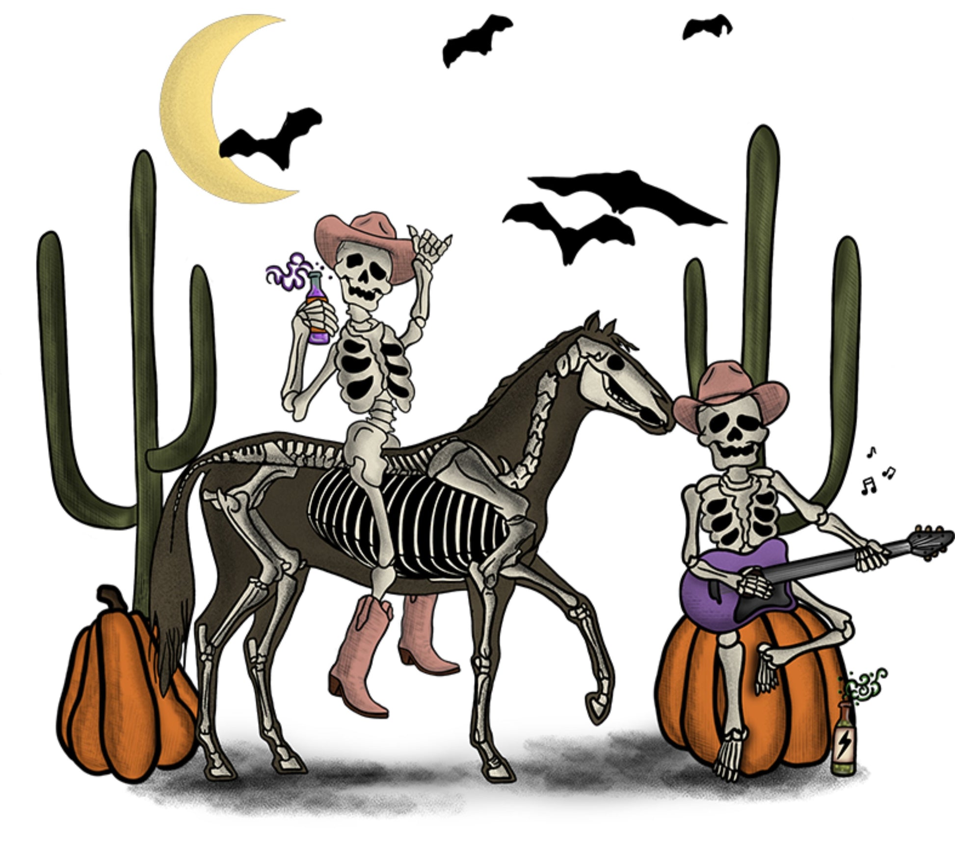 Halloween Skeleton Party Poster, Spooky Wall Art with Skeletons on Horse, Cactus, Bats, Moon.