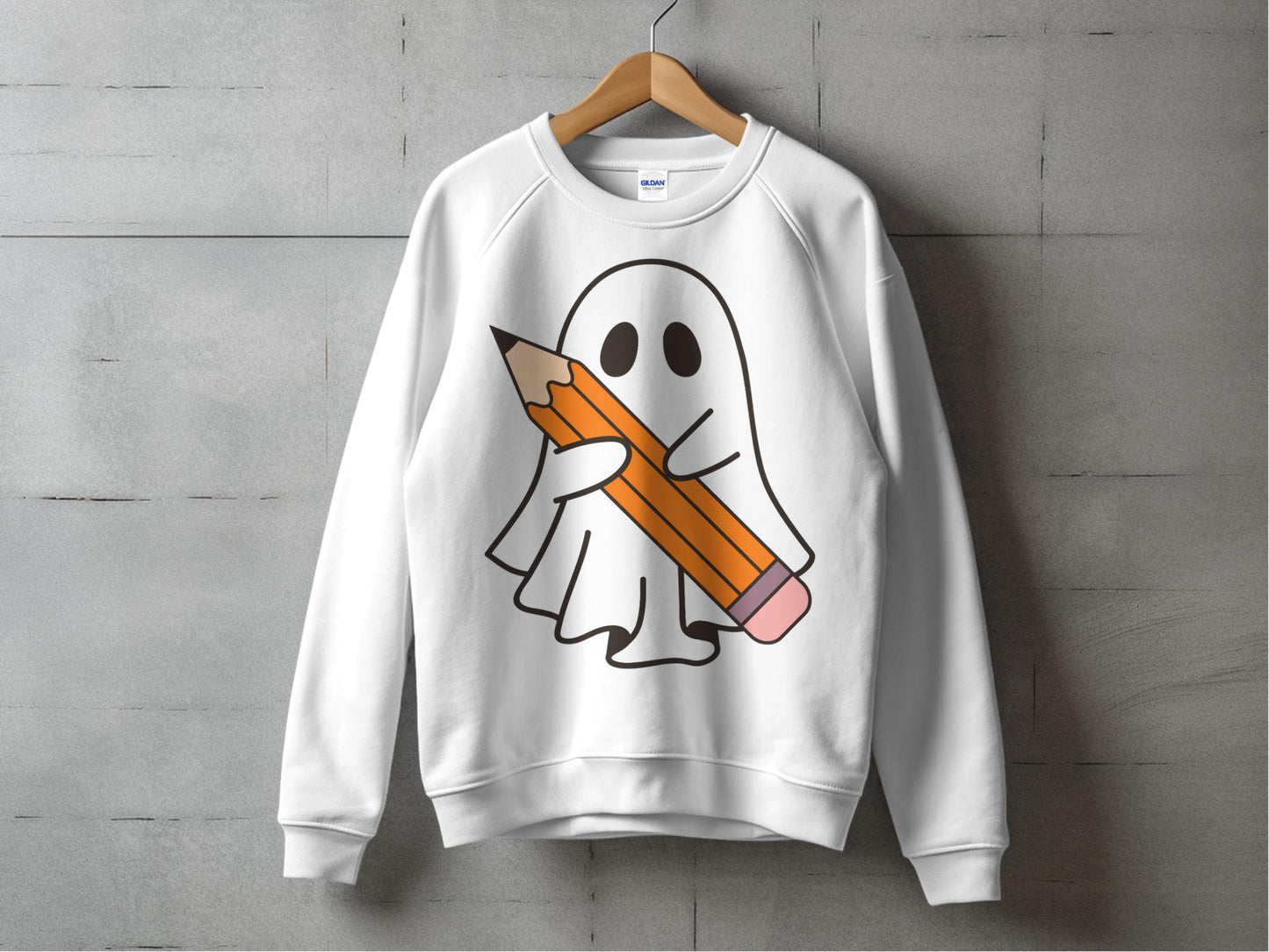 Cute Ghost Holding Pencil Sweatshirt, Unisex White Crewneck, Casual Fall Fashion, Spooky Ghost Apparel
